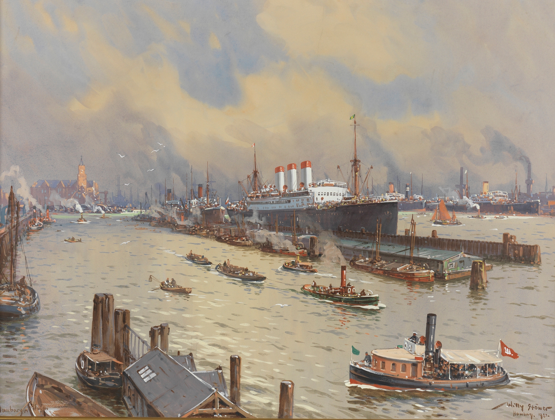 Hamburger Hafen mit der ‘Cap Polonio’ und der Kehrwiederspitze, by Willy Stöwer, public domain