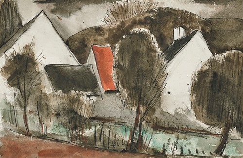 A winter landscape featuring rural houses by Julio González.