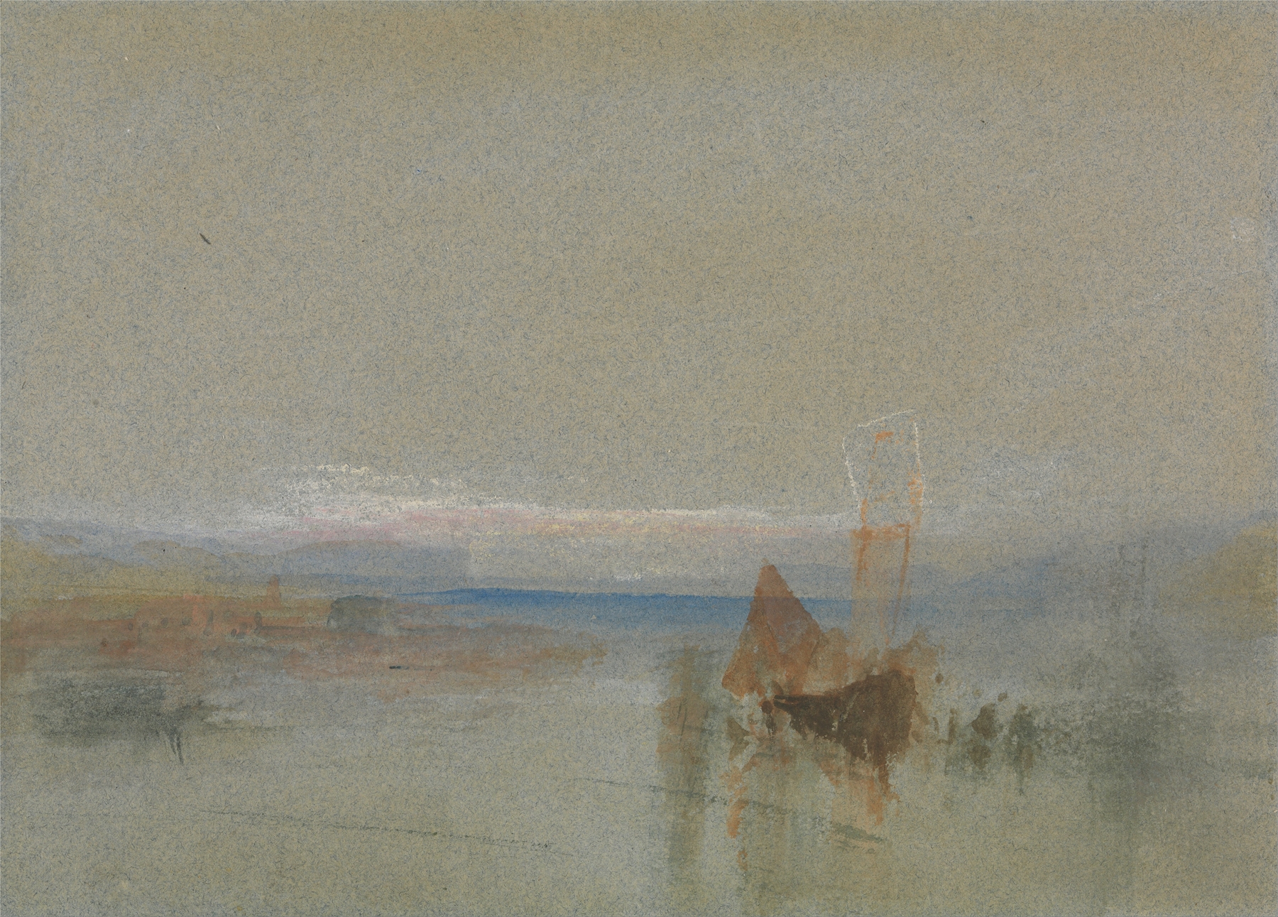 Fishing Boats Becalmed off le Havre by Joseph Mallord William Turner, oil painting showing fishing boats on calm water.