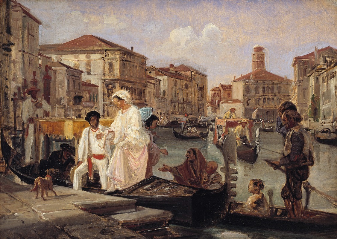 A scene depicting figures alighting from a gondola in Venice.