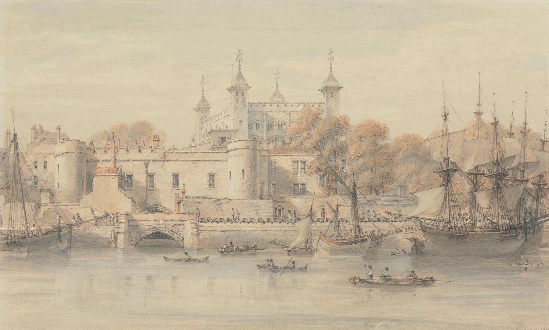 The Tower of London by Thomas Hearne, watercolor on paper, depicting a castle against a muted sky.