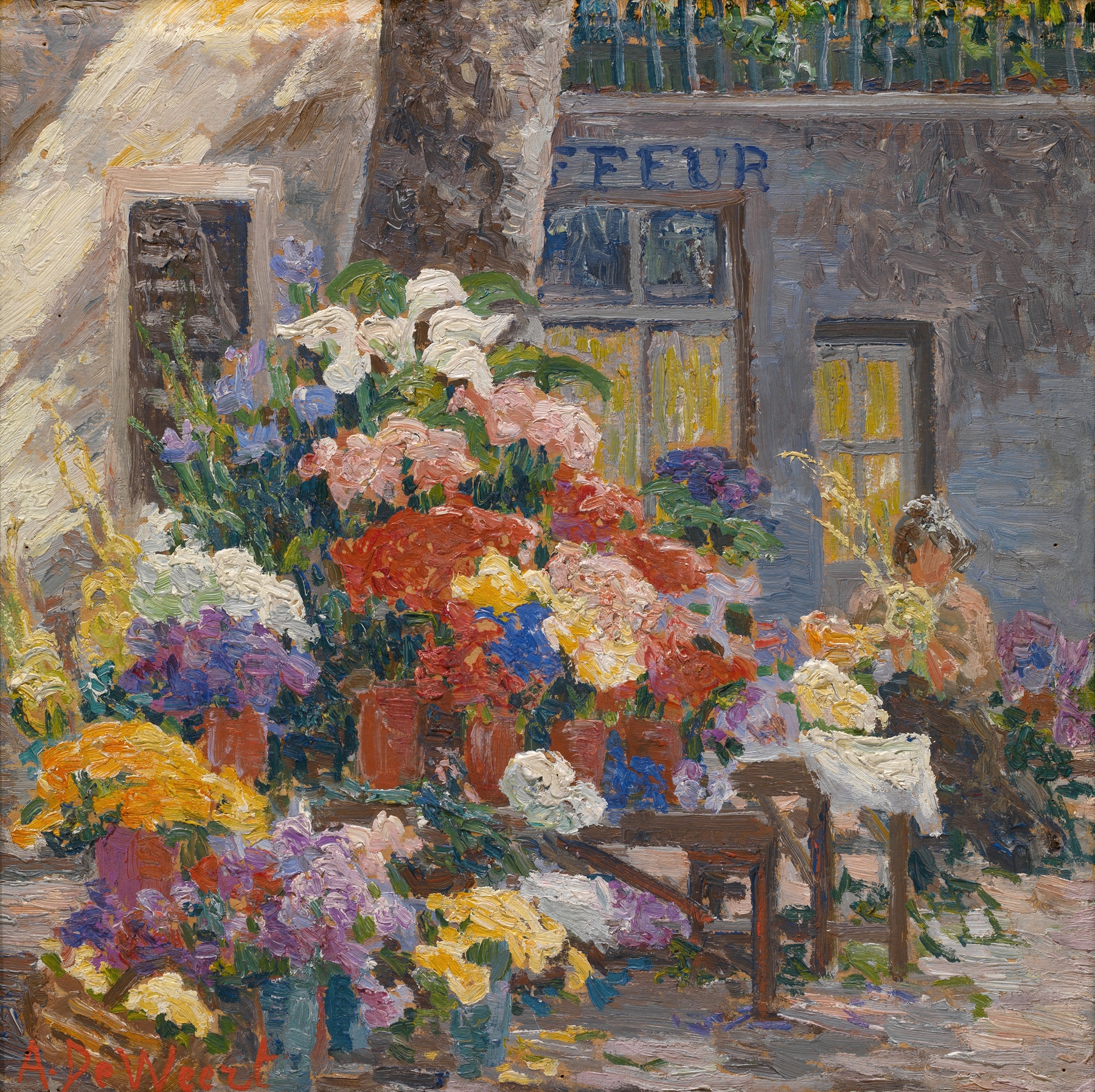 Flower Market at Menton by Anna De Weert, oil on canvas, featuring vibrant flowers in a market.