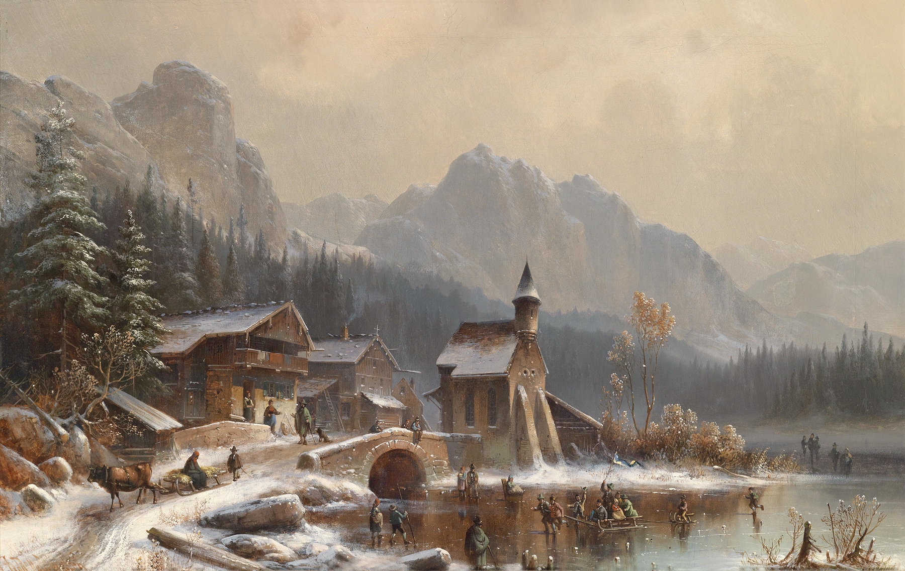 Wintervergnügen by Anton Doll, oil on canvas depicting a tranquil snowy landscape