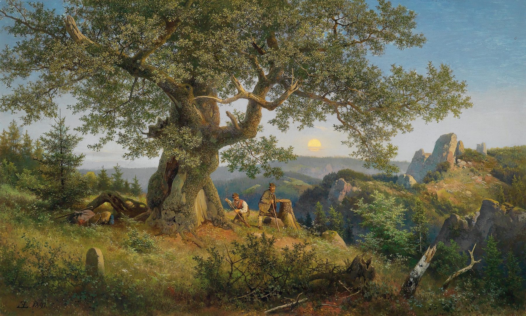 Oil painting by Eduard Leonhardi depicting a smuggler under an old oak tree at night