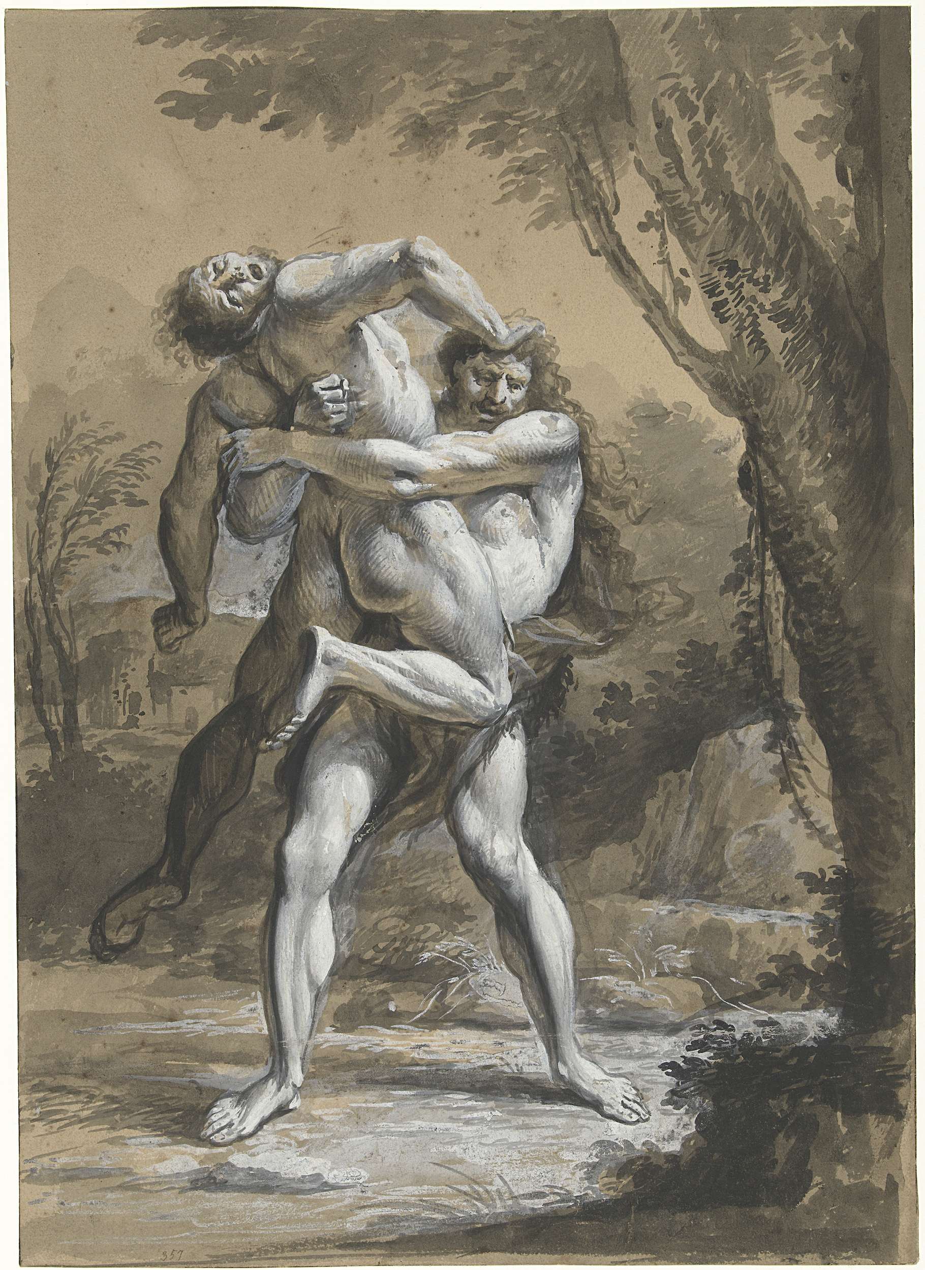 Hercules en Antaeus, Baroque, unknown artist, depicting a struggle between two colossal figures.