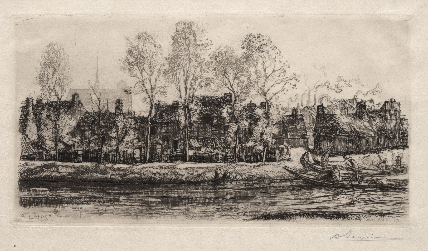 Etching by Auguste Louis Lepère depicting a tranquil river landscape with reflections.