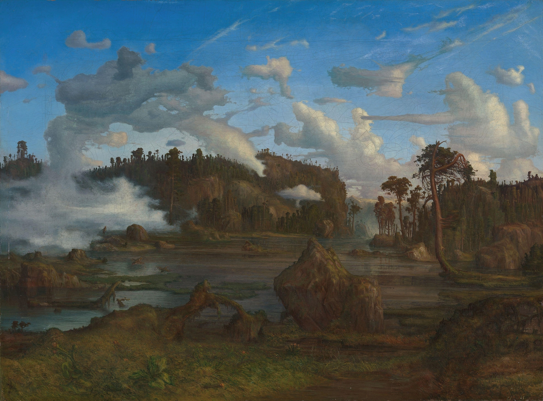 The Tarn by Lars Hertervig, oil on canvas depicting tranquil water and trees.