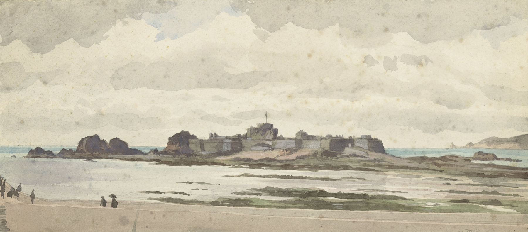 Castle or Fortress on the Coast by James Tissot, oil painting depicting a coastal fortress and turbulent sea.