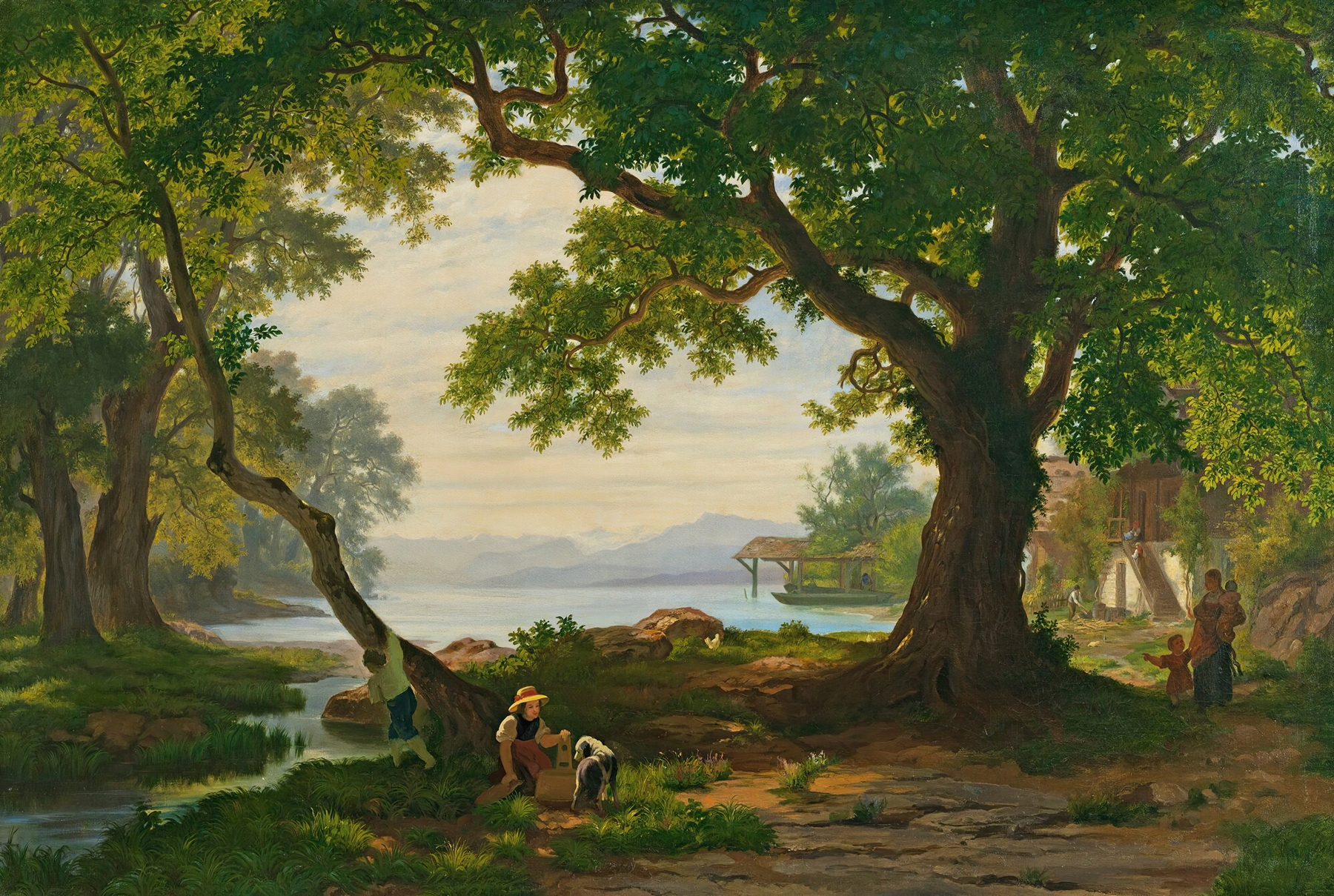 At Lake Sempach by Robert Zünd, oil on canvas depicting a solitary figure by a tranquil lake.