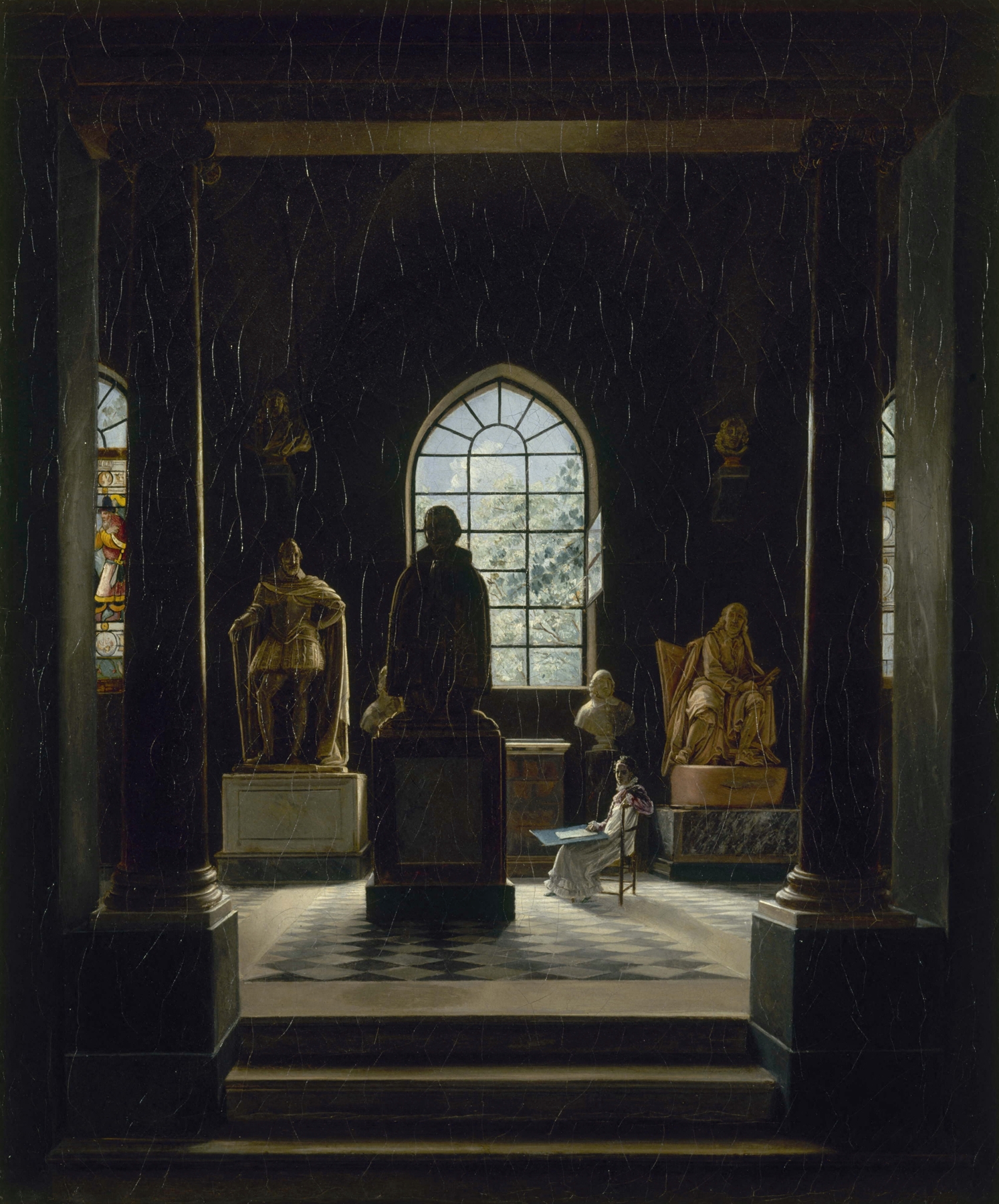Interior scene with archway and sculptures, oil painting by Léon-Mathieu Cochereau, 1816