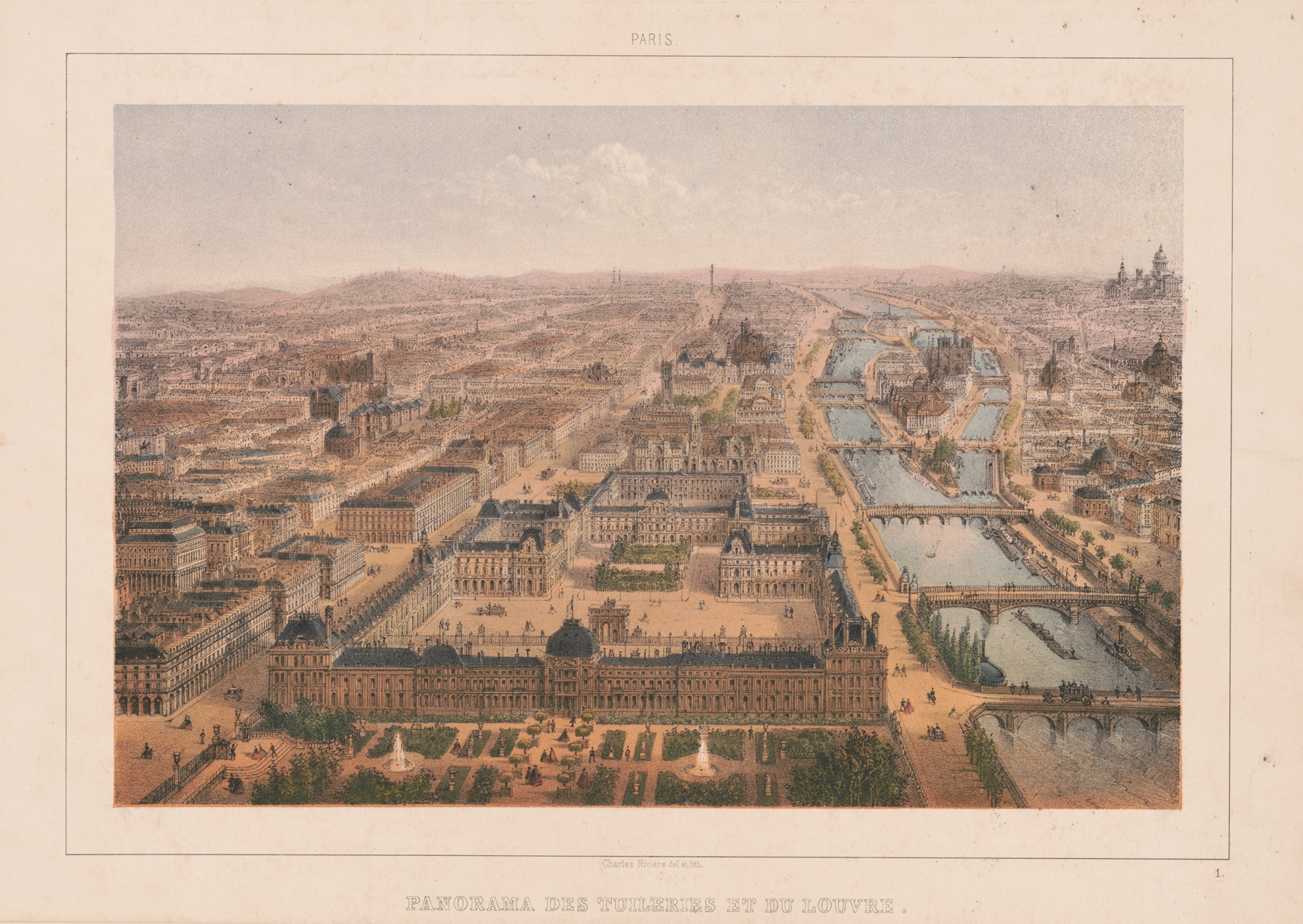 Oil painting by Charles Rivière depicting Tuileries Gardens and the Louvre