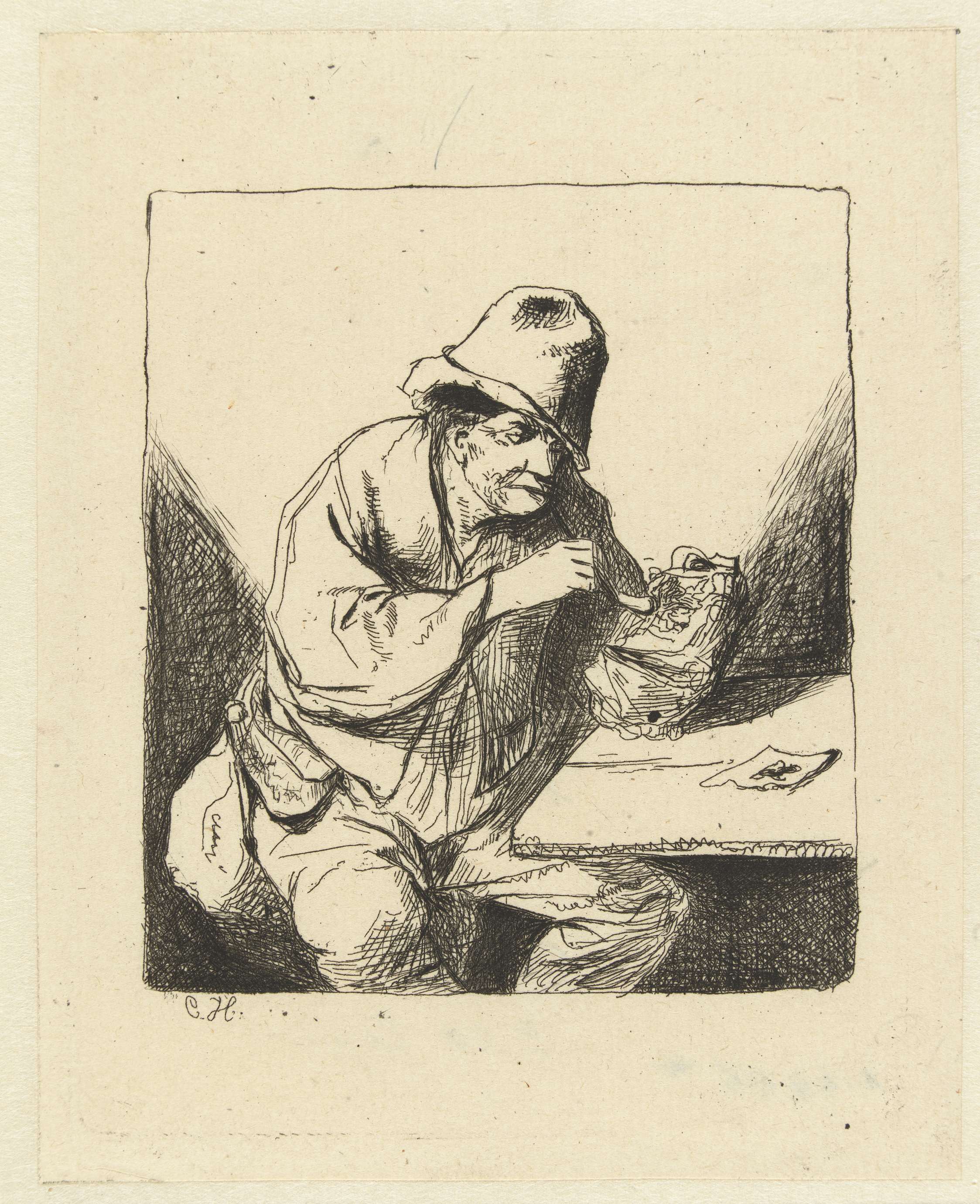 Etching by Monogrammist CH depicting a man lighting a pipe.