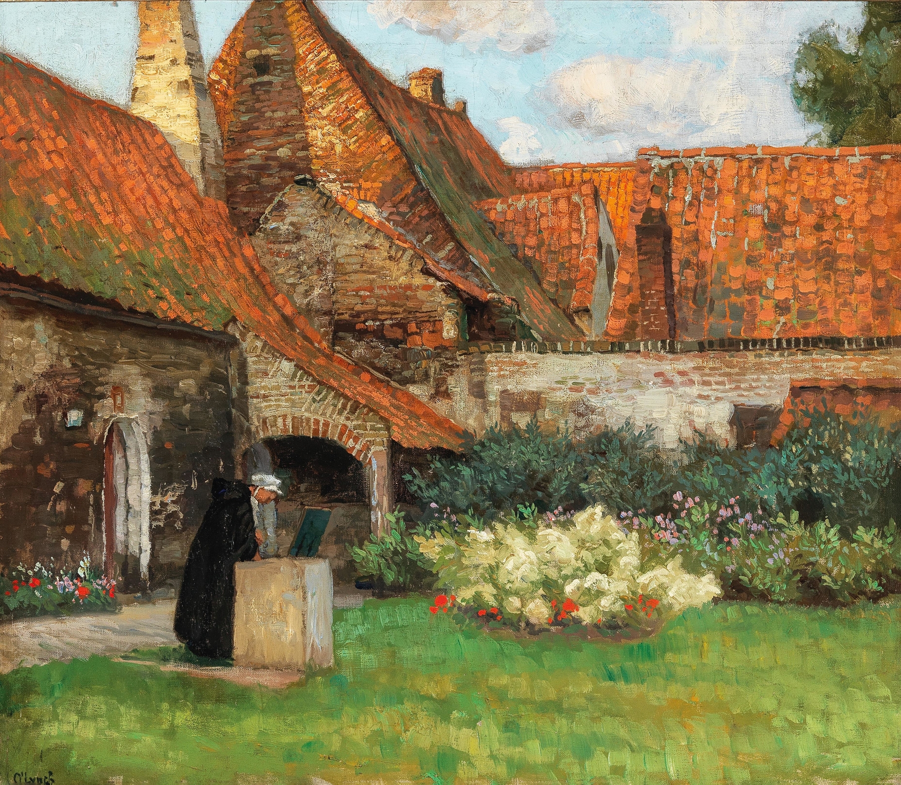 Interior scene of a summer courtyard by Carl O'Lynch, featuring dappled light and lush greenery.