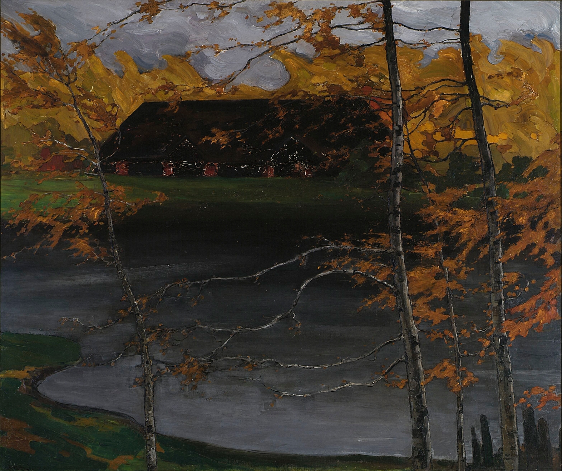 Abstract oil painting by Kazimierz Stabrowski featuring autumn leaves and muted colors.
