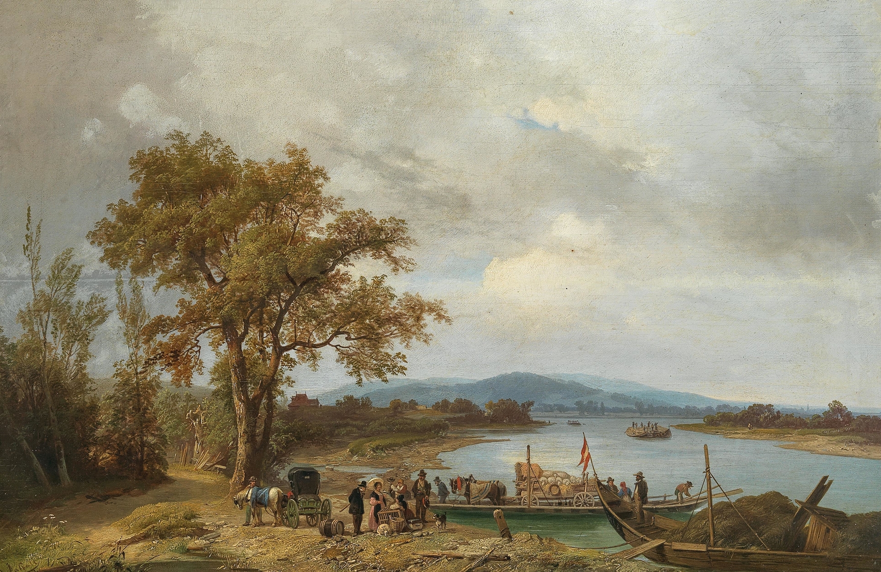 A Danube landscape with ferries, oil on canvas by Ignaz Raffalt