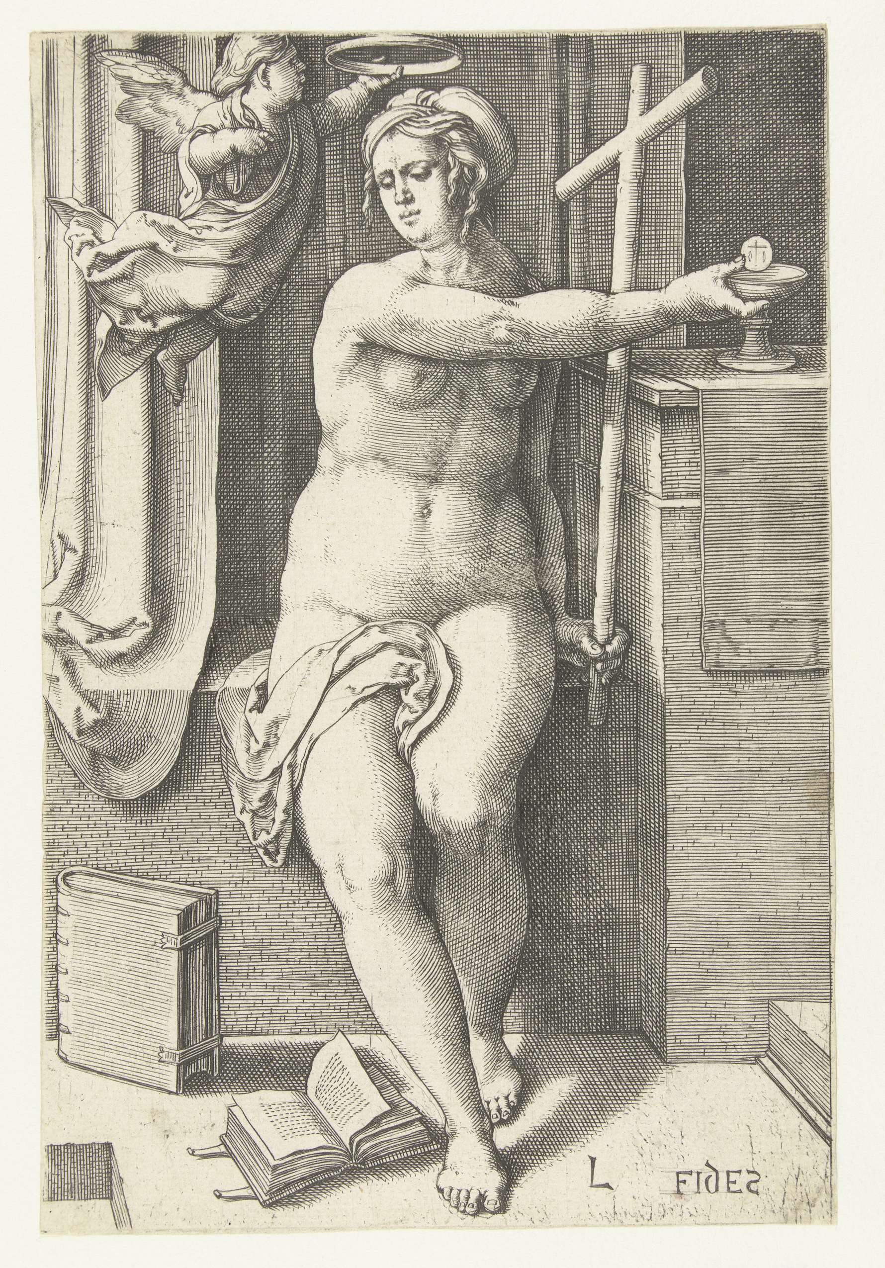 Engraving by Lucas van Leyden depicting a woman representing faith