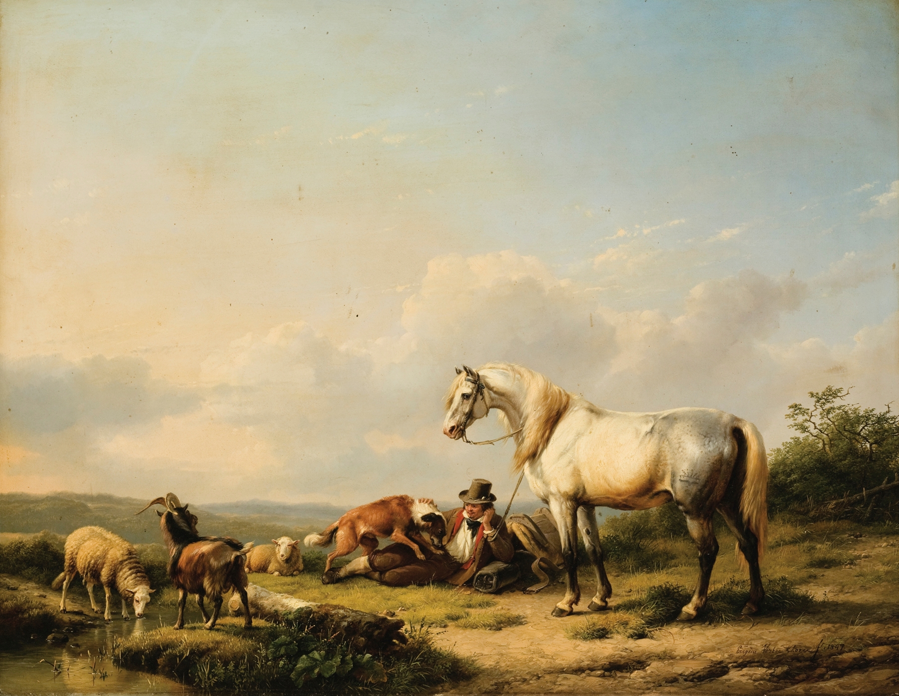 Horseman Resting by Eugène Joseph Verboeckhoven, oil painting depicting a horseman in a lush landscape.