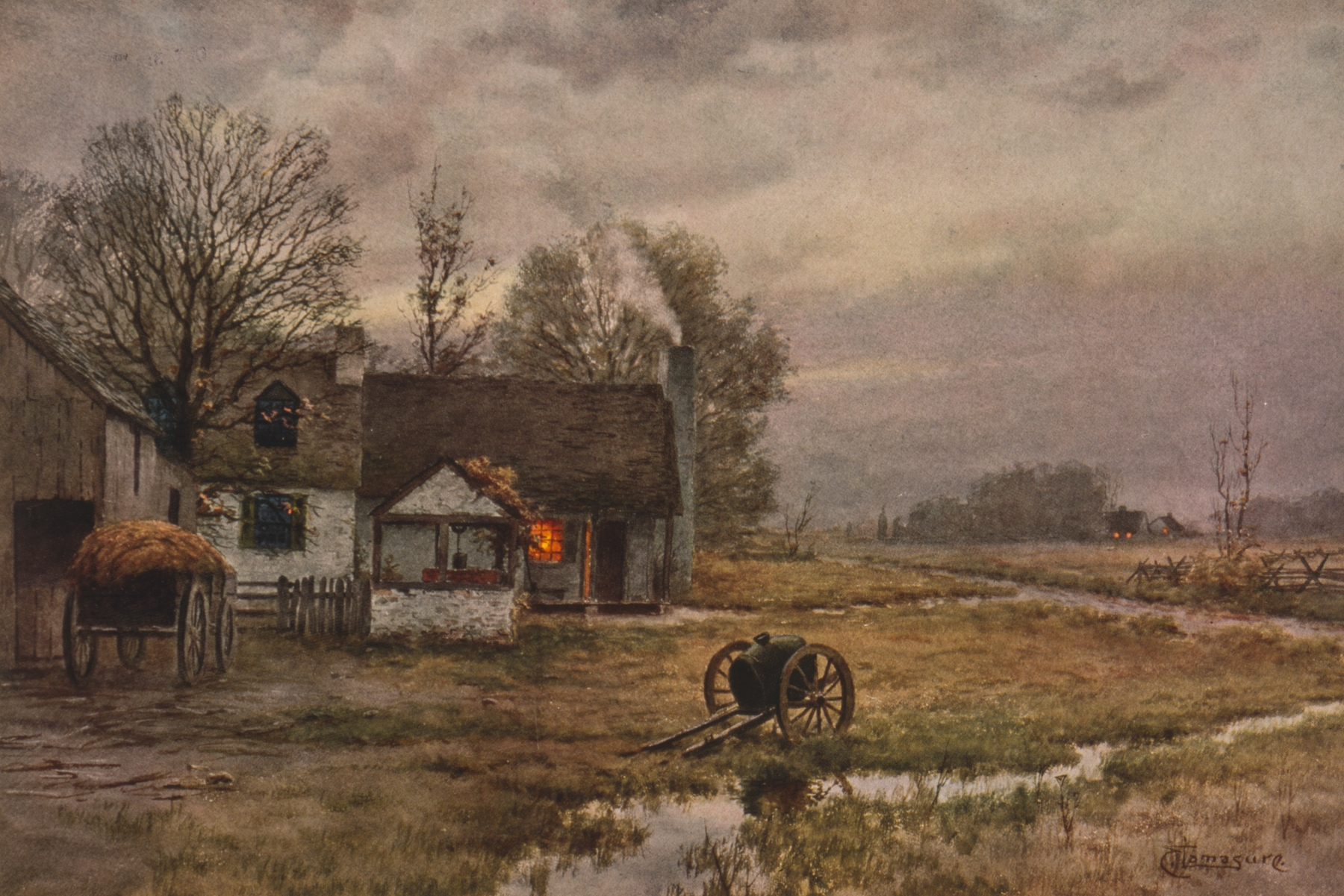 Landscape oil painting by Edwin Lamasure depicting twilight with earthy tones and shadows.