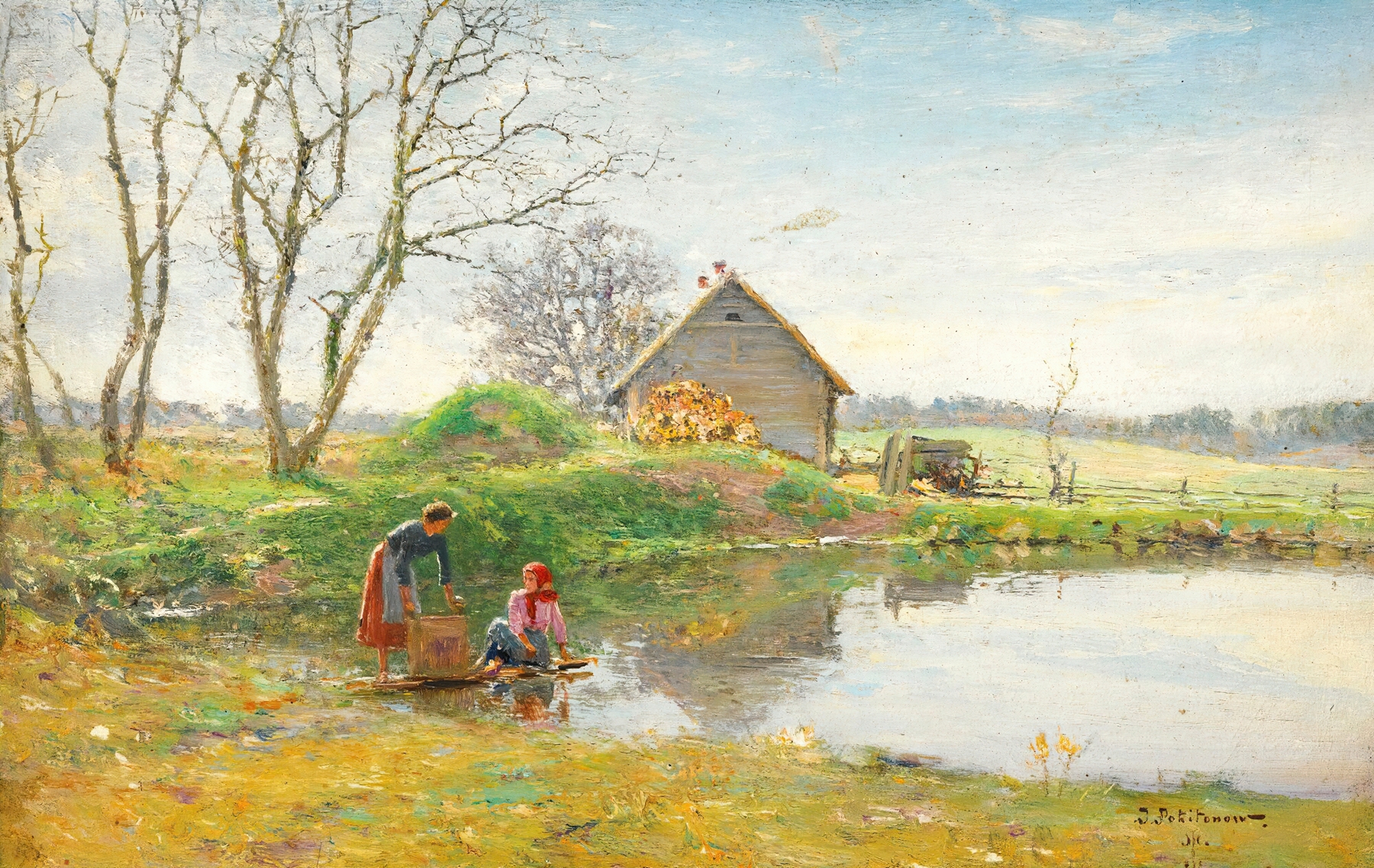 Washing Day, oil on canvas by Ivan Pavlovich Pokhitonov, women washing clothes in sunlight.