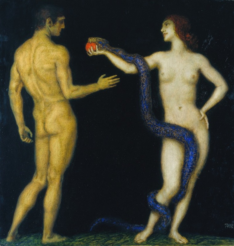 Franz von Stuck's 'Adam and Eve' explores the themes of temptation and innocence.