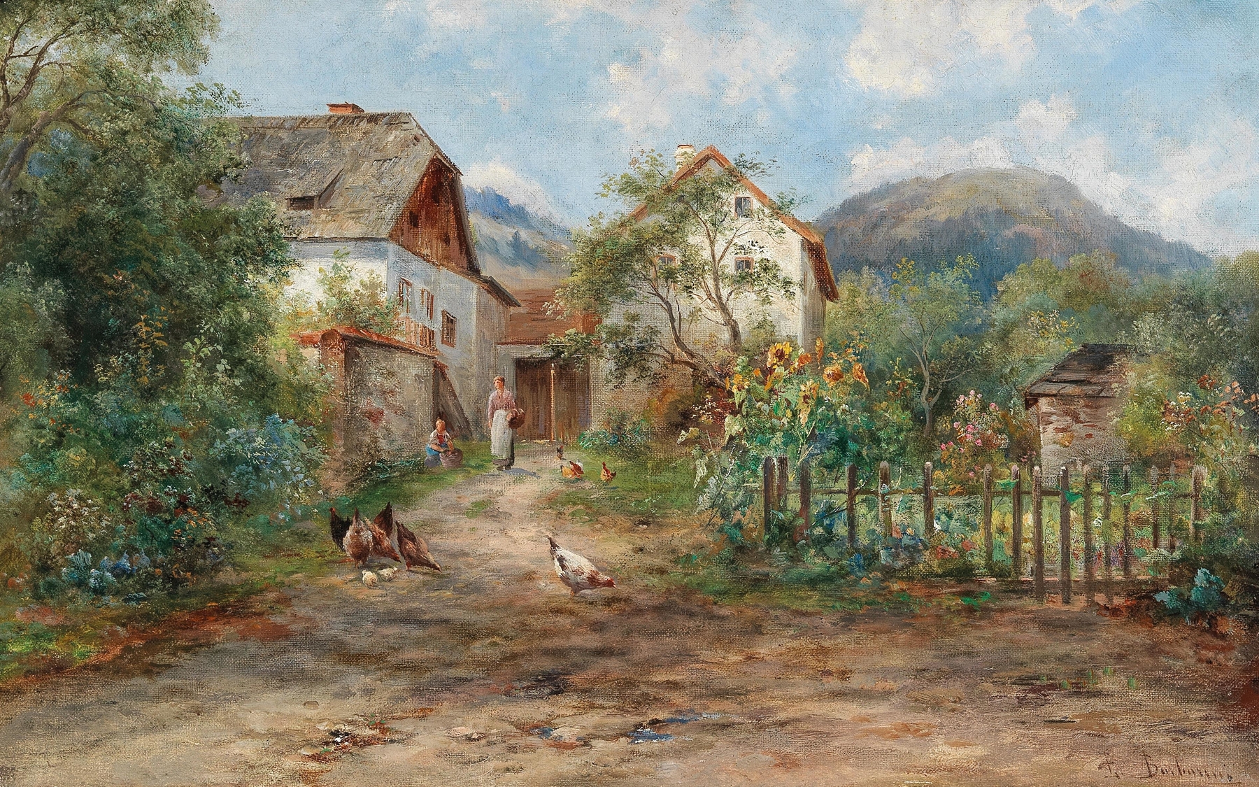 A Rustic Garden in Blossom by Emil Barbarini, impressionism, depicting a vibrant garden with figures.