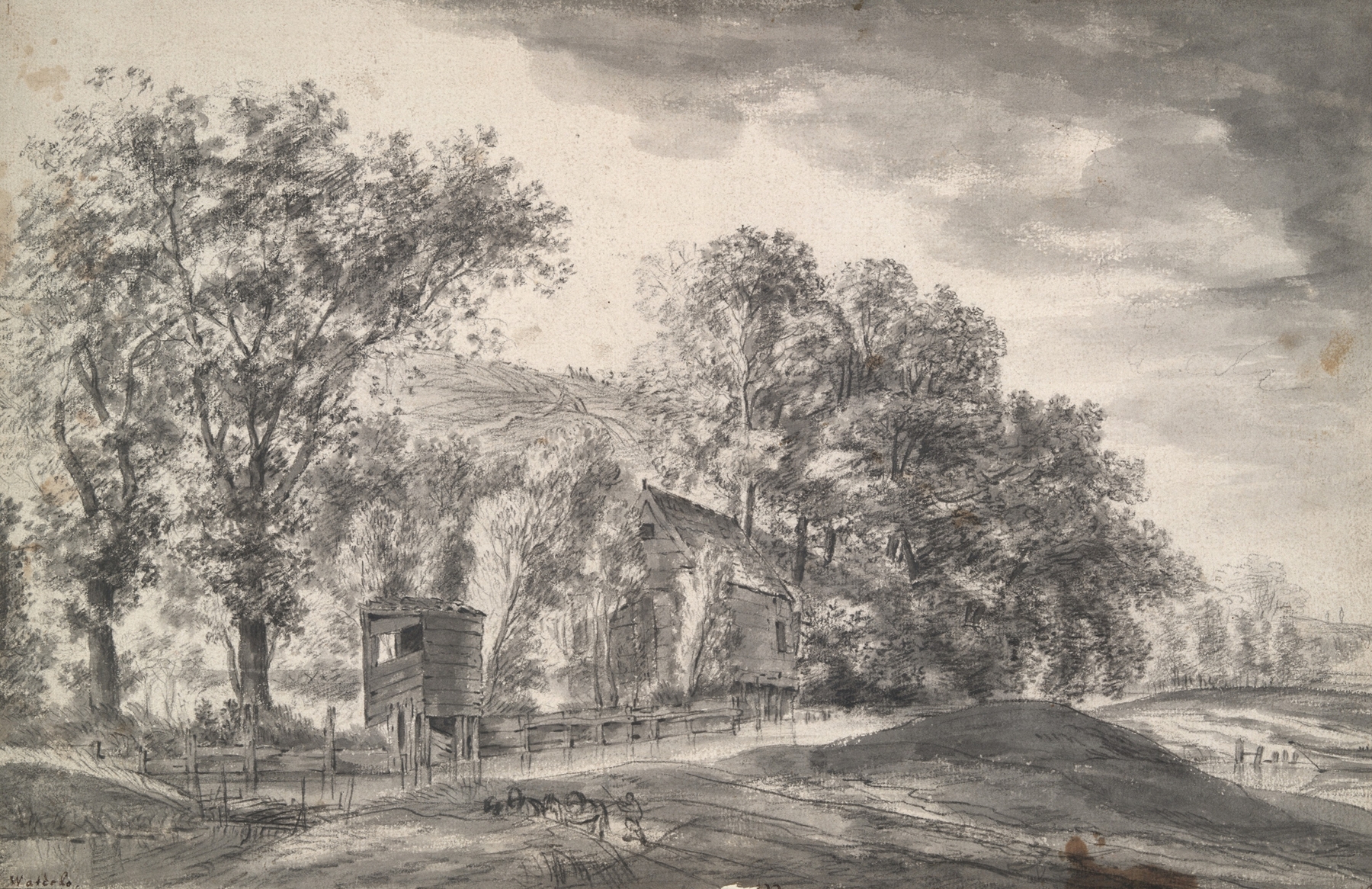 Trees and cottages in hilly landscape by Antonie Waterloo, oil painting