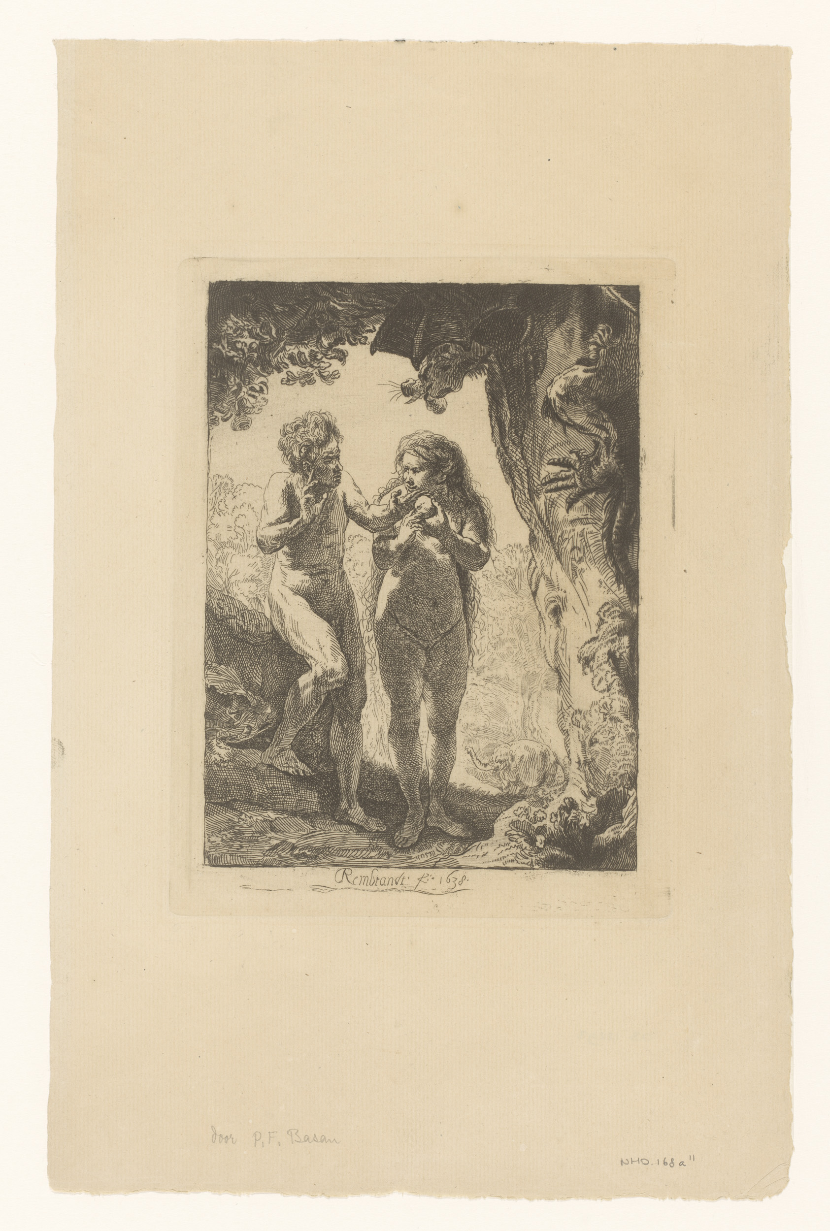 Eve reaching for the forbidden fruit in an etching by Pierre François Basan