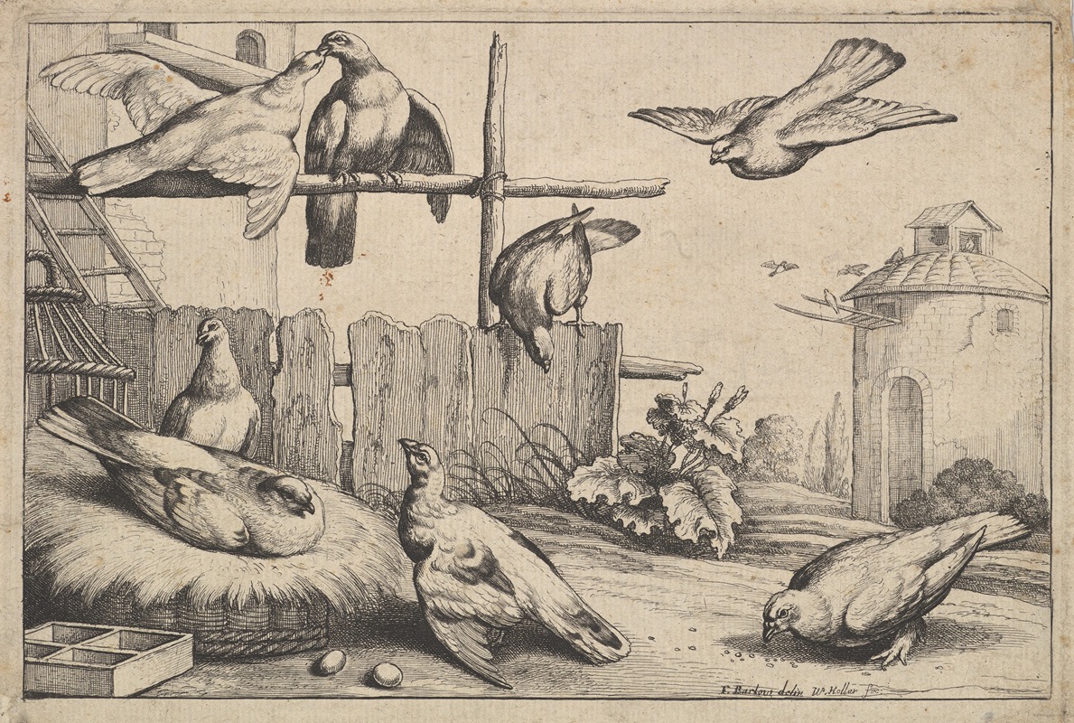 A serene depiction of pigeons in a farmyard setting.