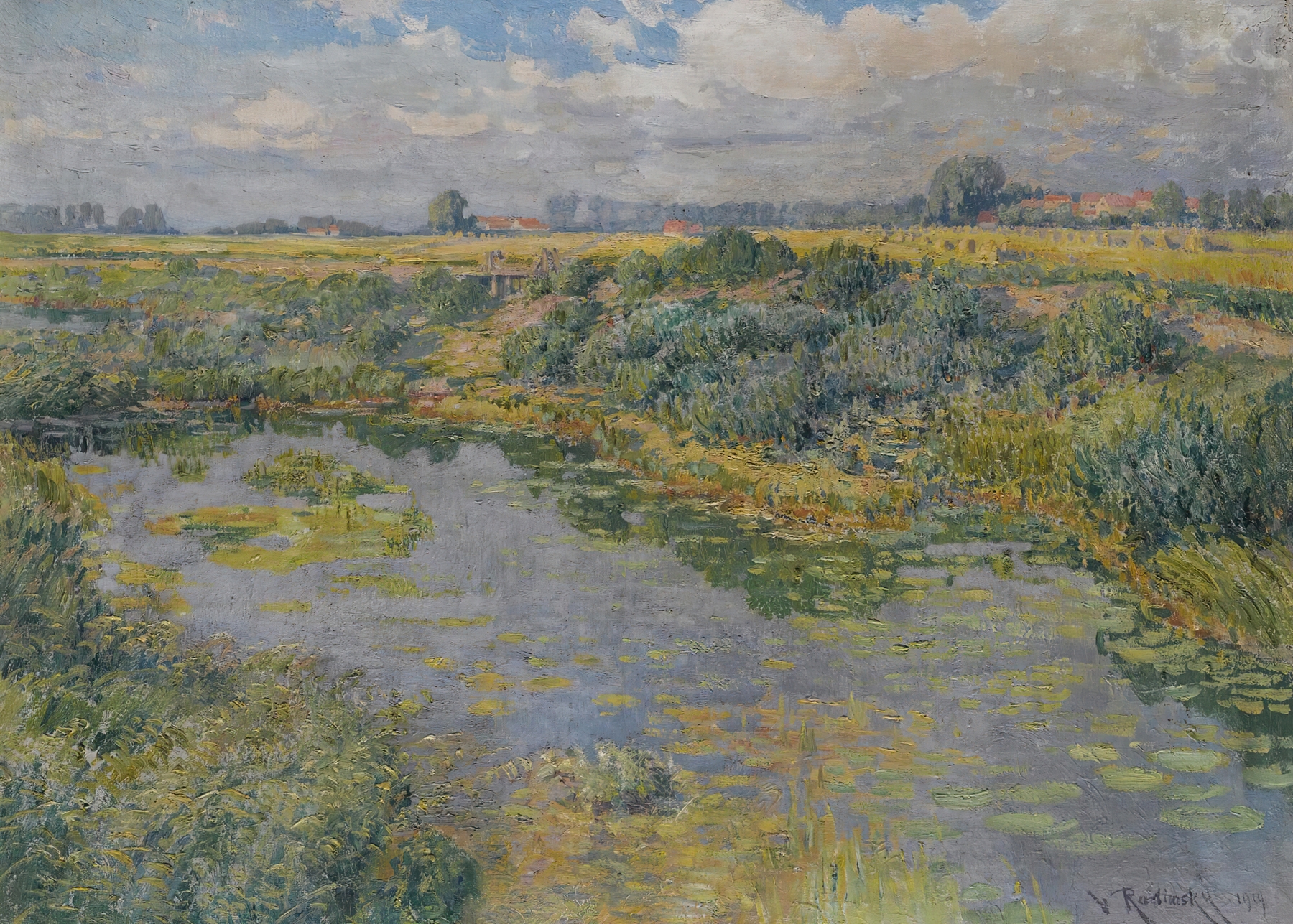 River landscape by Václav Radimsky, oil on canvas depicting shimmering water and lush greenery.