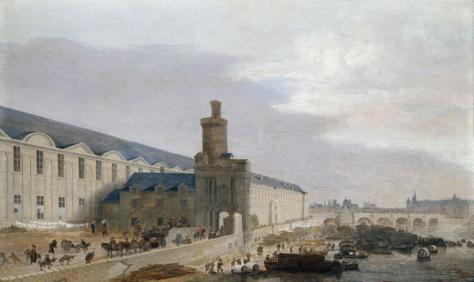 La Grande Galerie du Louvre avec la porte Neuve et la tour de Bois, by Abraham de Verwer, public domain