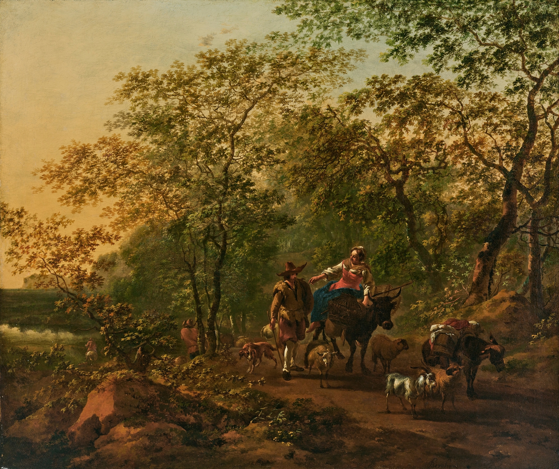 Genre scene with a woman riding an ox in a wooded landscape, oil painting by Nicolaes Berchem.