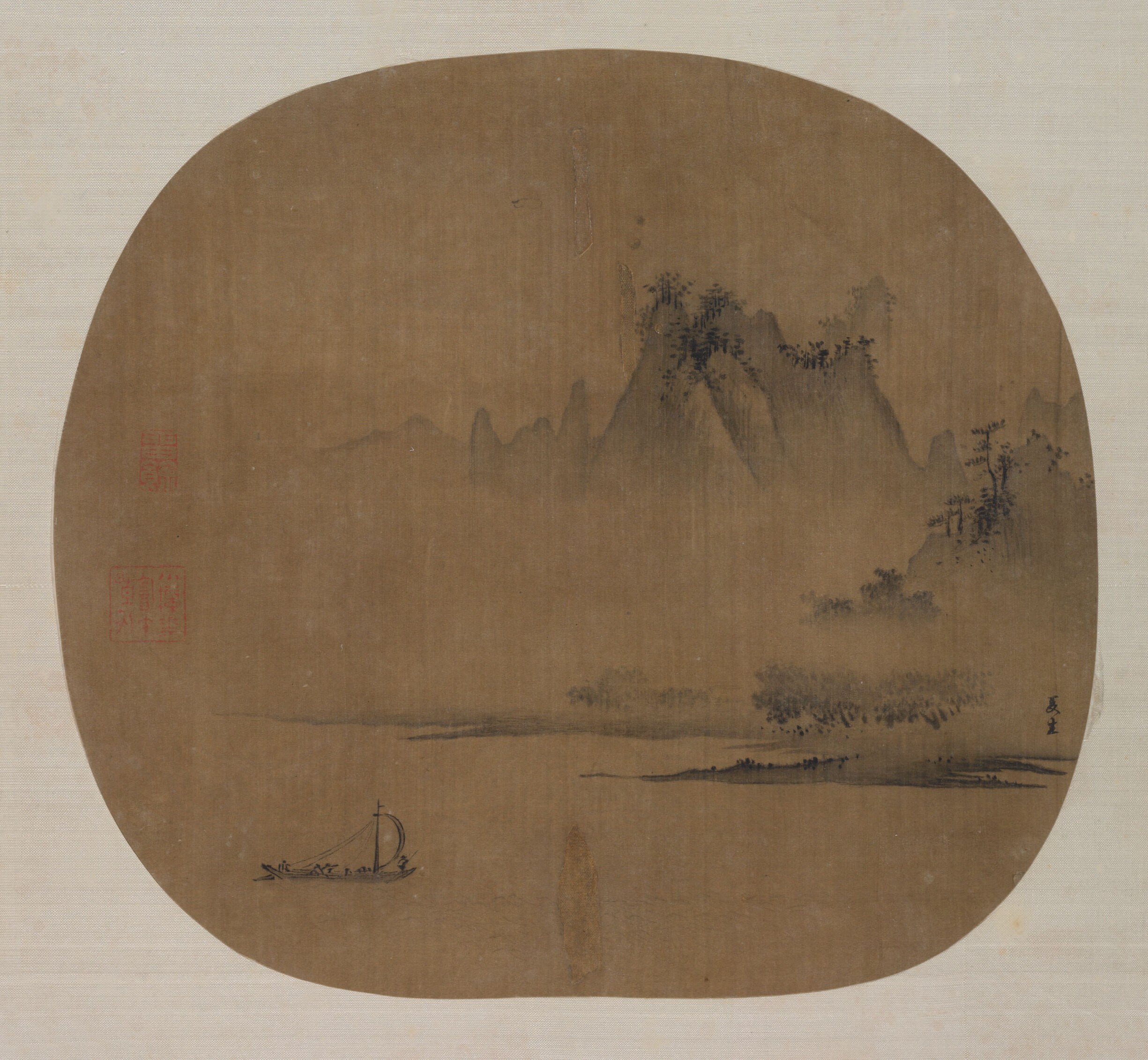 Misty landscape with fishermen in a boat, ink on silk by Xia Gui