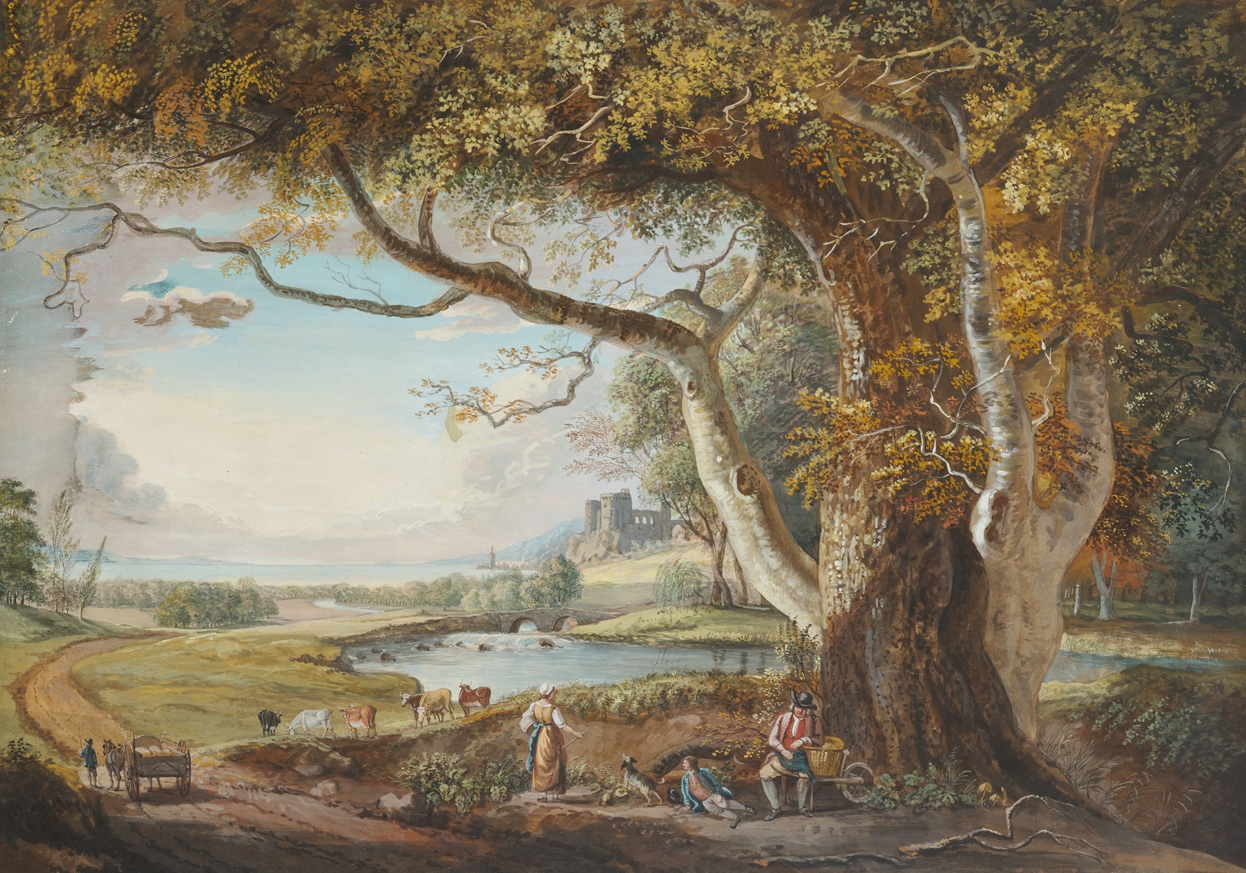 Landscape with lake and large tree in foreground, oil painting by Paul Sandby