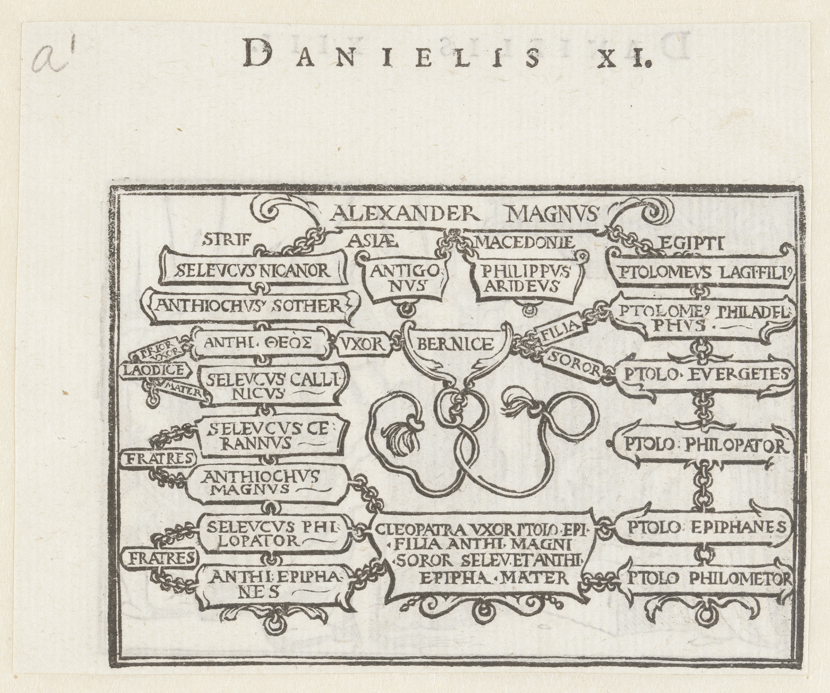 Genealogy chart on paper by Hans Holbein II depicting Seleucids and Ptolemies.