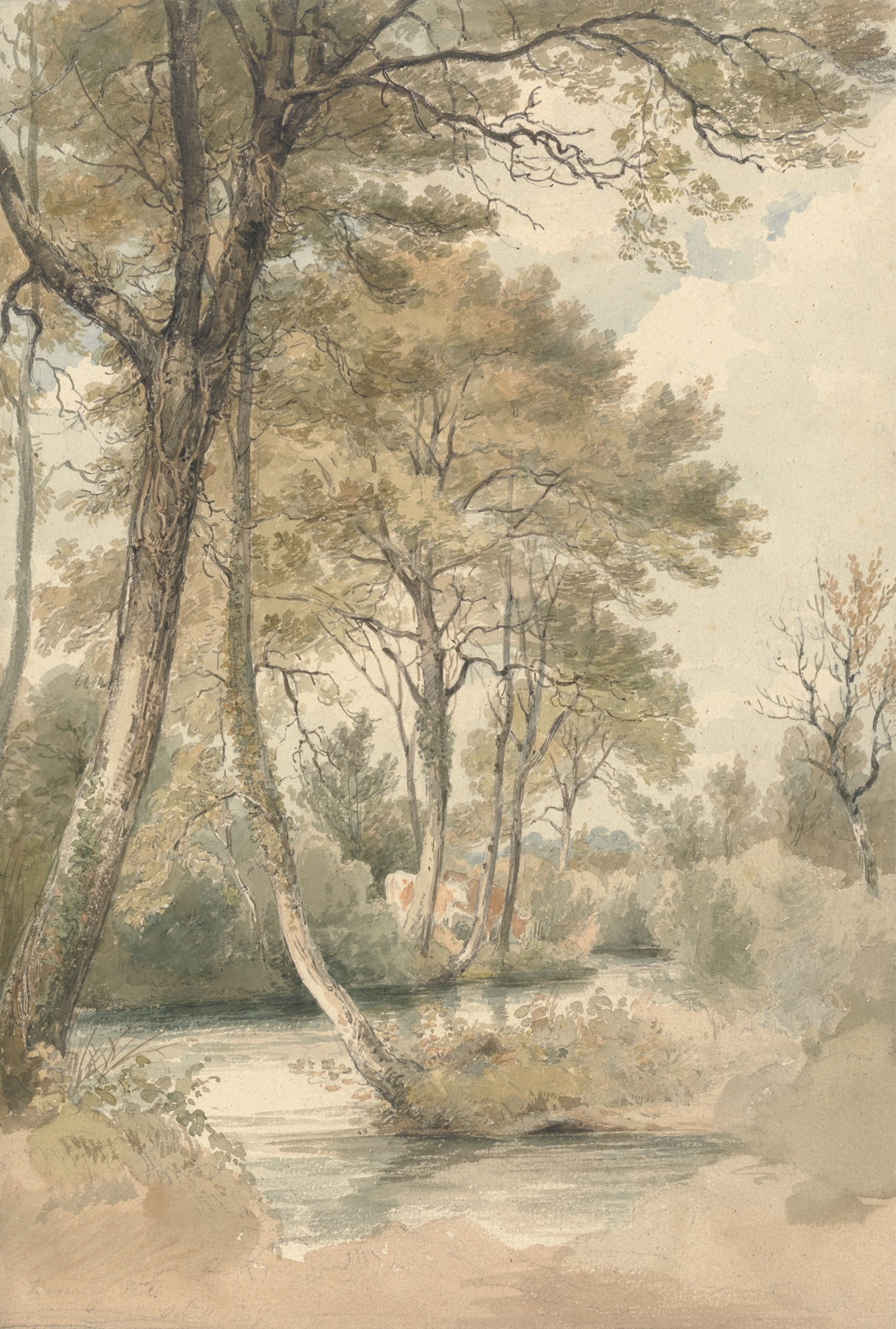Stream with trees and cattle, watercolor on paper by Henry Edridge