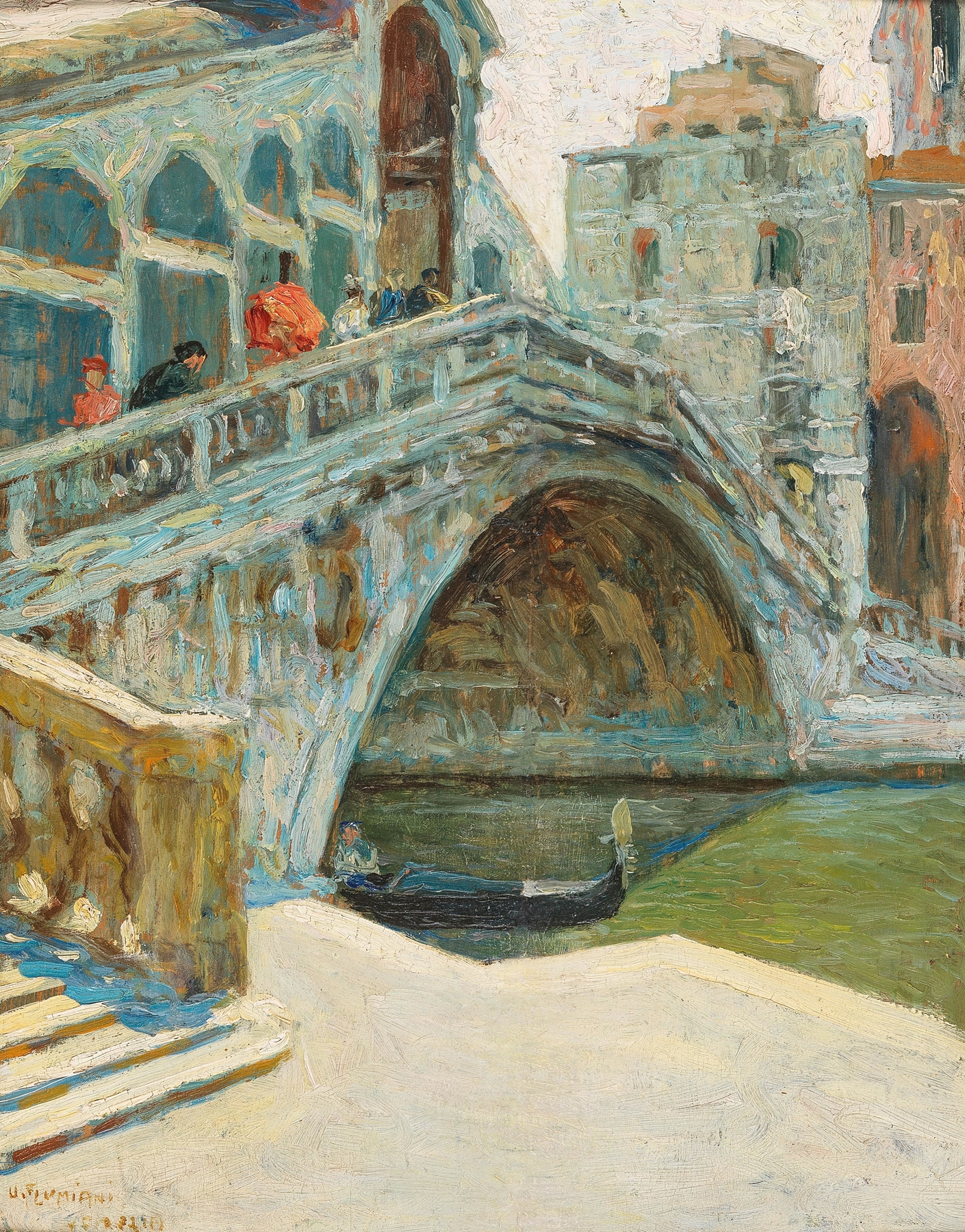 Ponte di Rialto by Ugo Flumiani, oil on canvas depicting a bustling canal scene with an iconic bridge