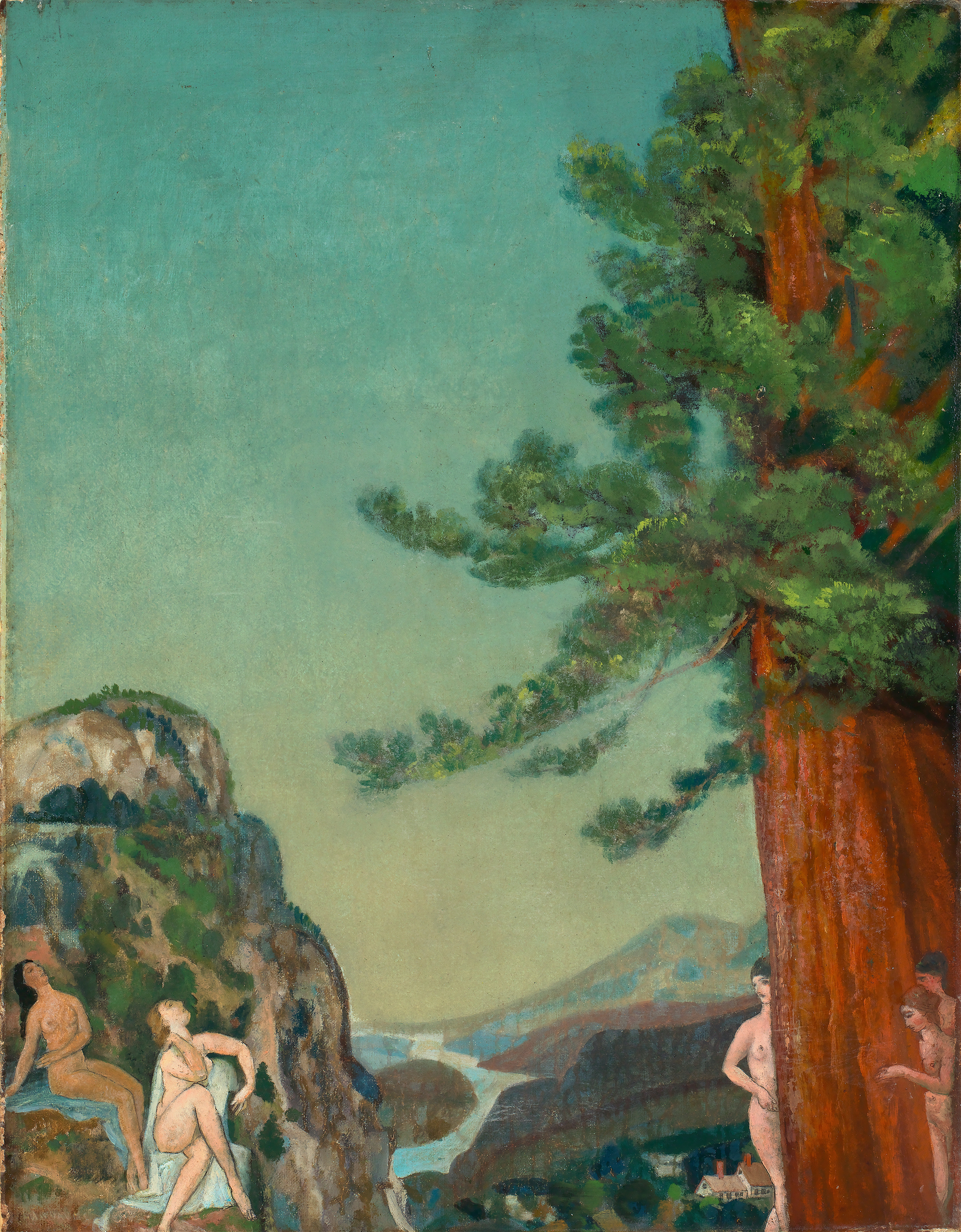 Oil painting by Arthur Bowen Davies depicting cliffs and swirling sky