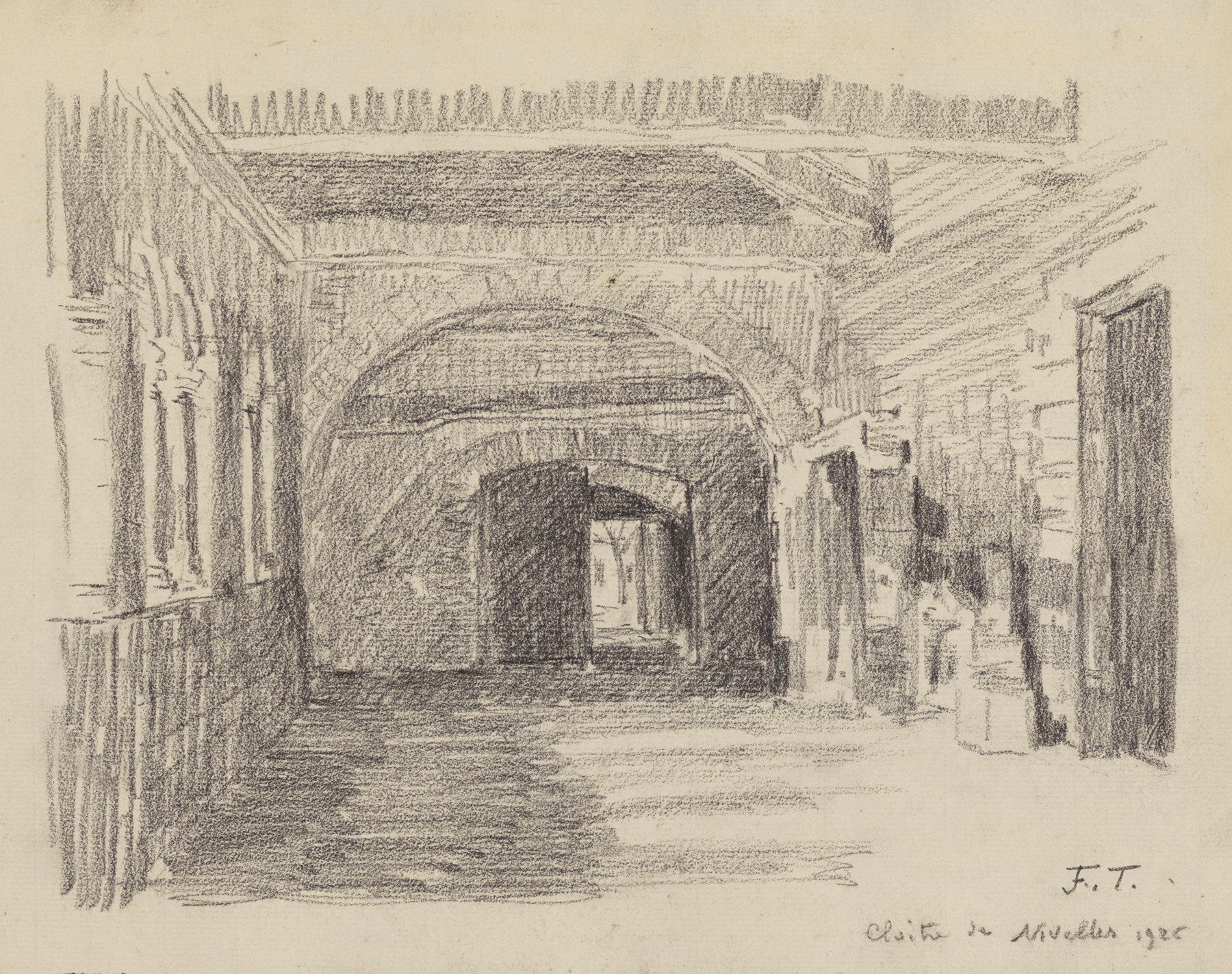 Interior view of cloister by Jean-François Taelemans, 1926, showcasing intricate stonework.