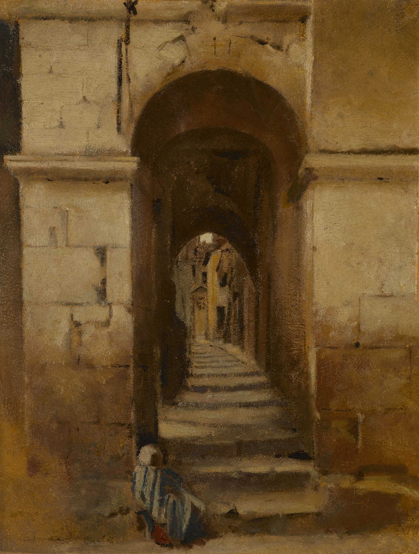 Ruelle à Rome by Jean-Jacques Henner, oil on canvas depicting a woman in a narrow street