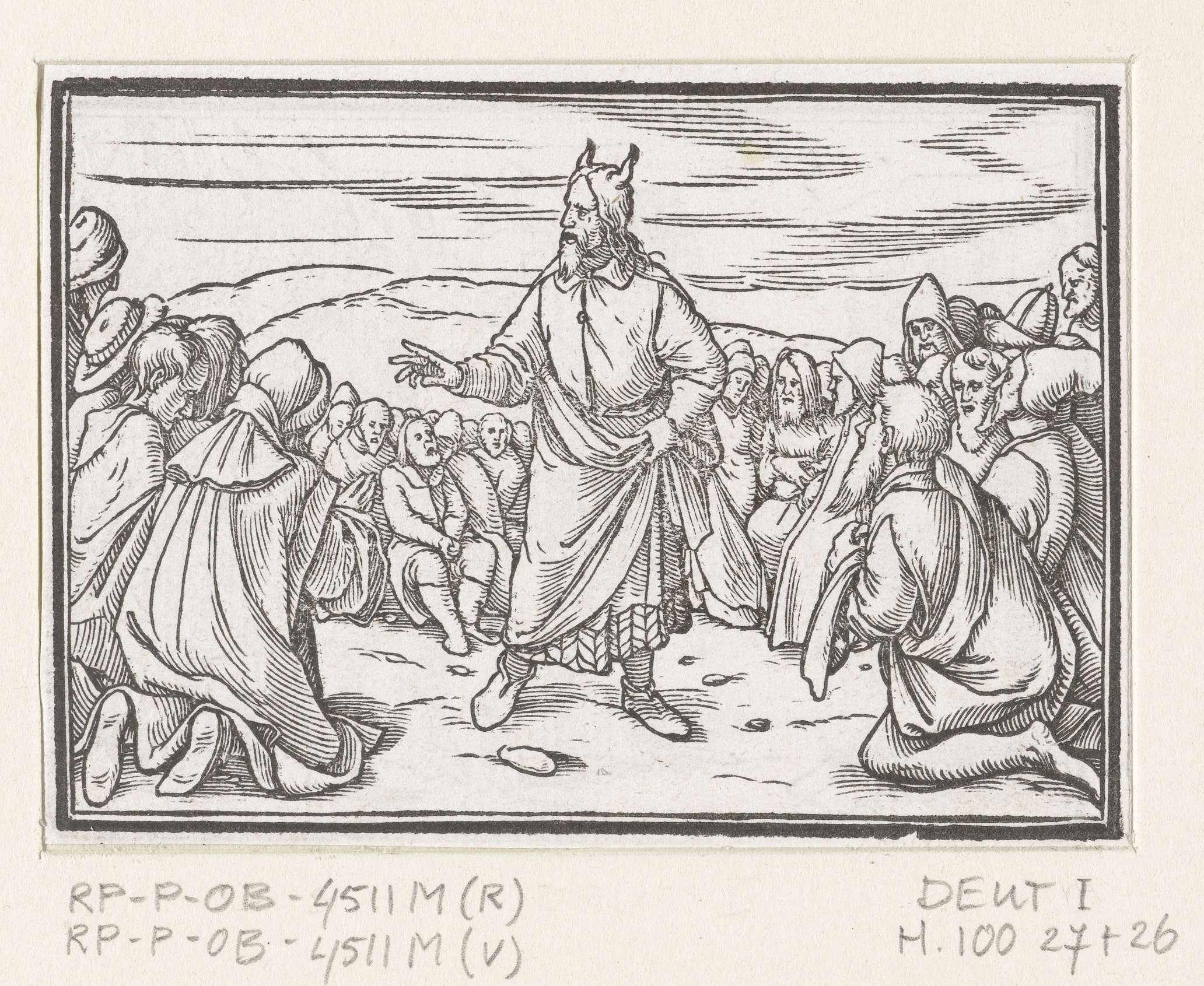 Moses speaks to the crowd in a 1538 paper work by Hans Holbein, featuring dramatic light and robes.