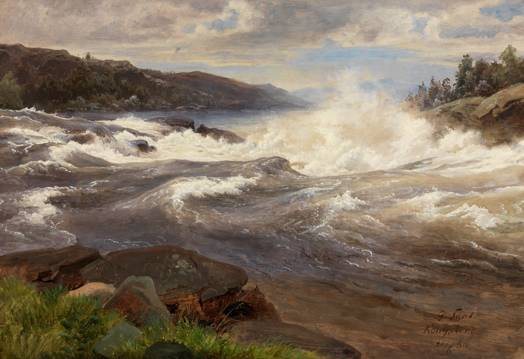 Landscape with swirling mists and jagged rocks, oil painting by Georg Eduard Otto Saal
