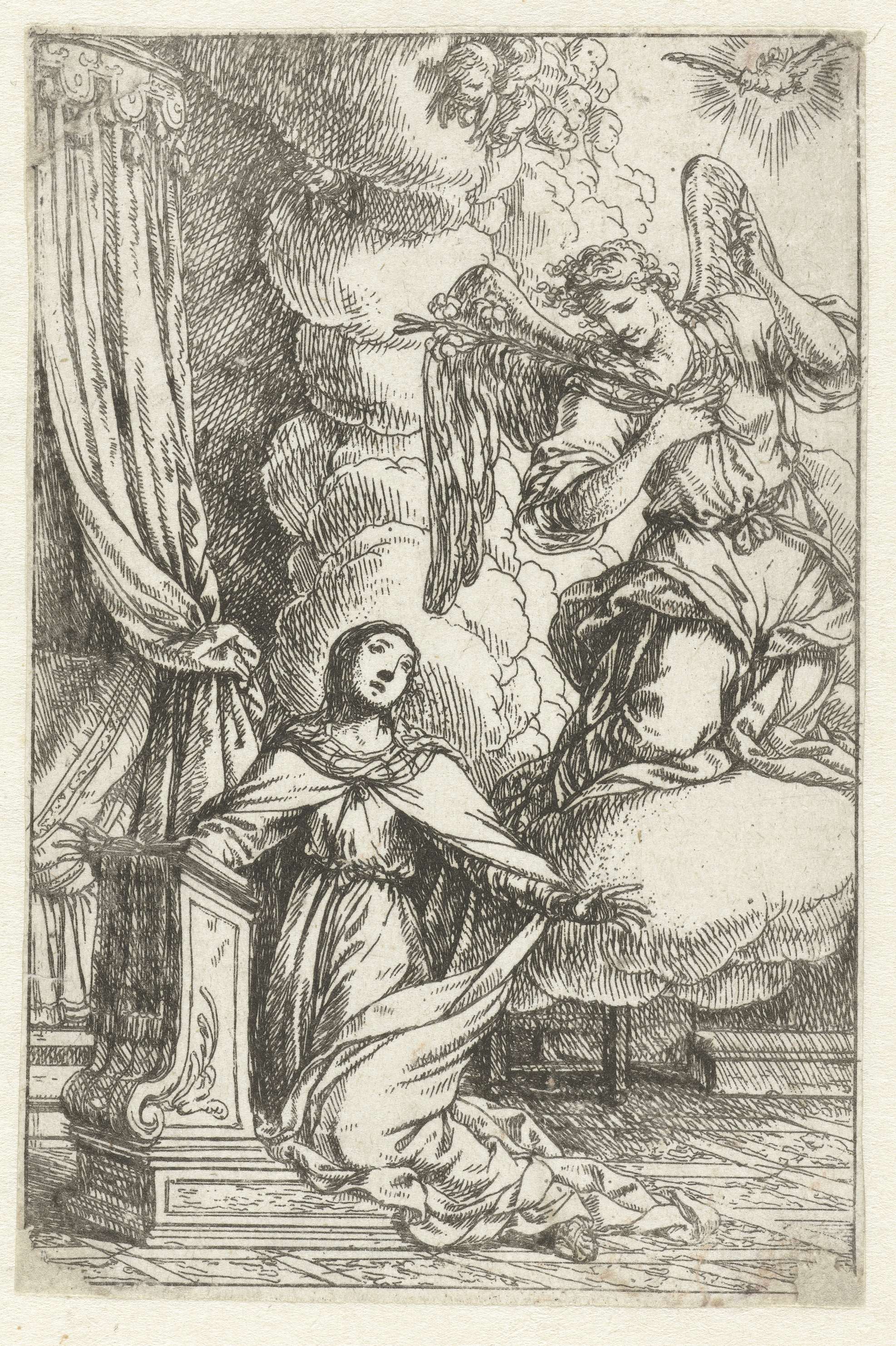 Etching by Jonas Umbach depicting an angel in soft light, representing divine communication.