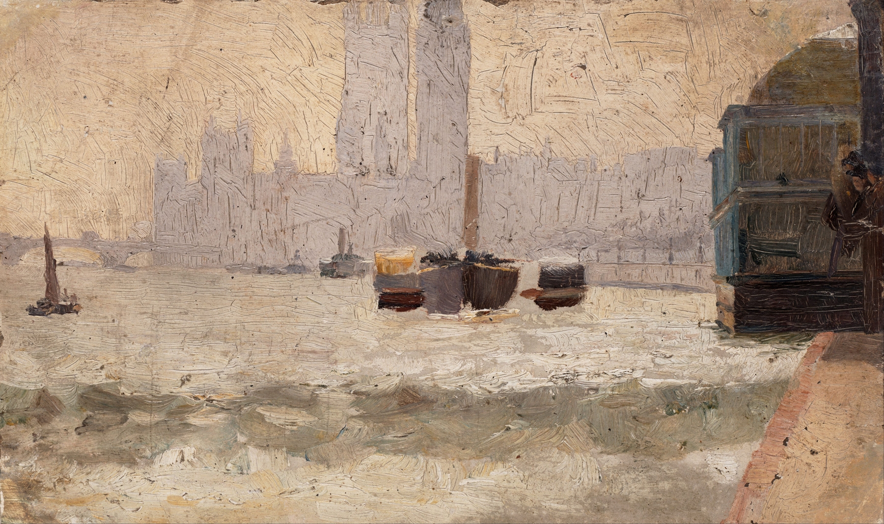 Fog, Thames Embankment by Tom Roberts, oil on canvas showing figures in a foggy landscape.