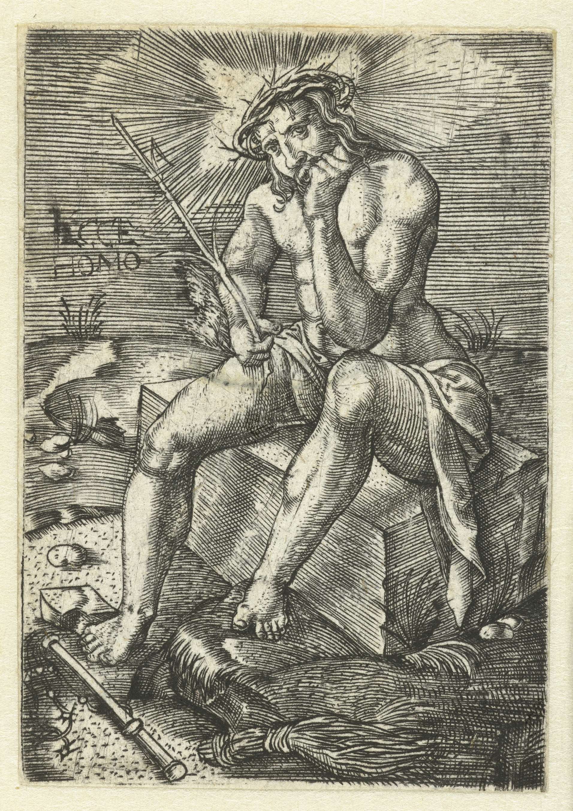 Engraving by Jacob Binck depicting Christ resting on a cold stone surface