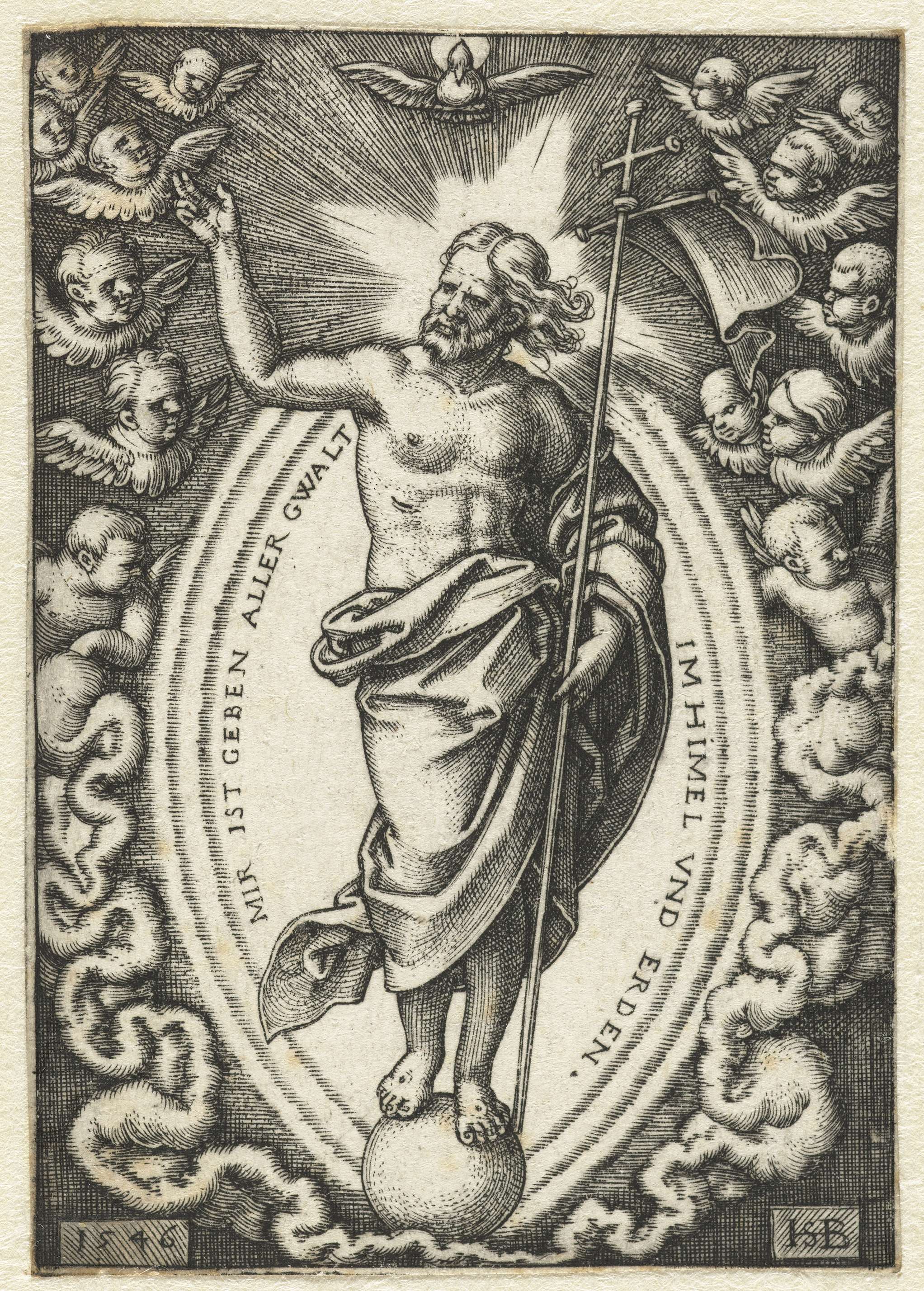 Engraving by Hans Sebald Beham of Christ standing on a globe