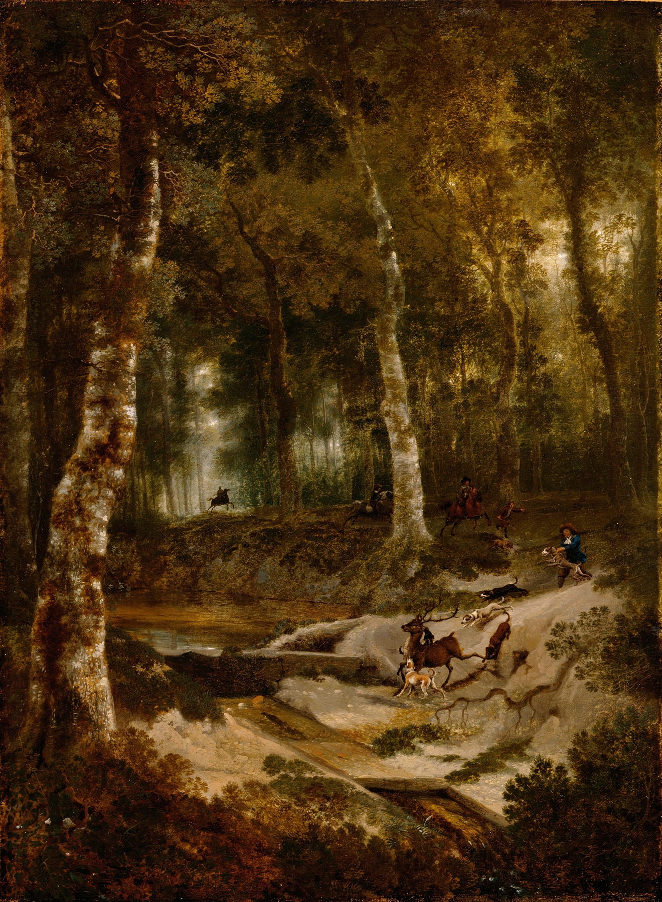 Forest landscape with stag hunt, oil painting by Jan Hackaert