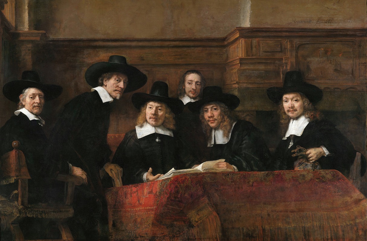 Rembrandt's 'The Sampling Officials of the Drapers’ Guild' depicts a group of officials in a richly detailed setting.