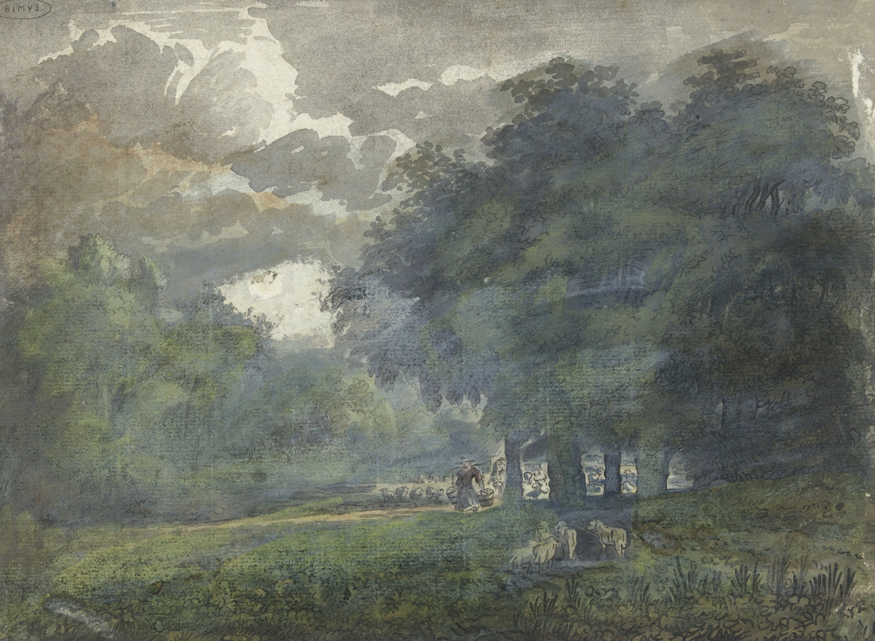 Herders met kudde in bosrijk landschap by Jacob van Liender, oil painting depicting herders and cattle in a lush forest.