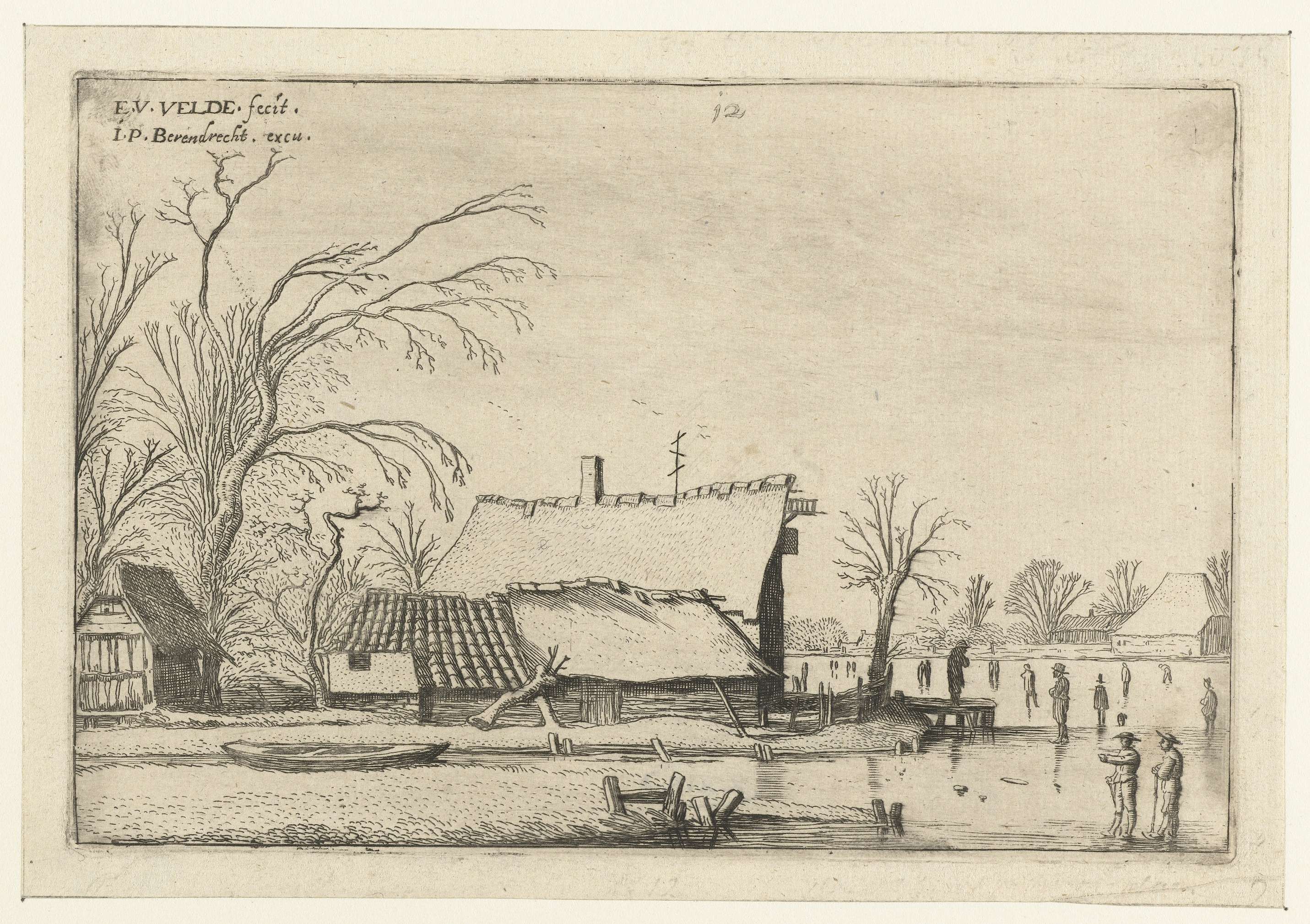 Boerderij bij een bevroren rivier met schaatsers, by Esaias van de Velde, public domain
