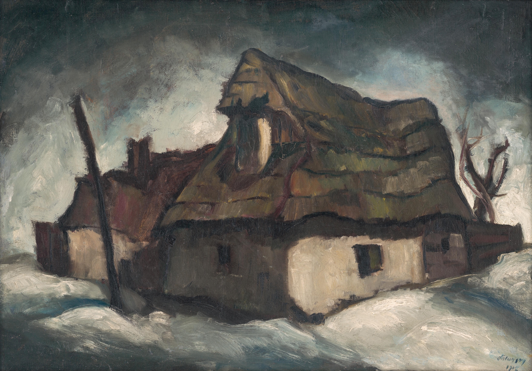 Cottages by Zolo Palugyay, oil painting depicting two quaint cottages surrounded by greenery.